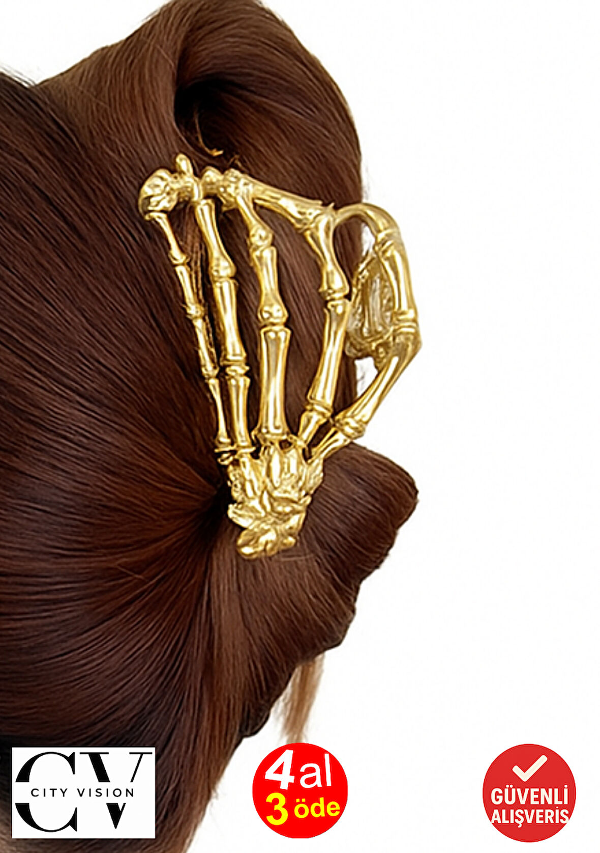 İskelet El Tasarımlı Metal Mandal Saç Tokası Altın Renk 9 cm – Rock & Gotik Stil Şık Aksesuar