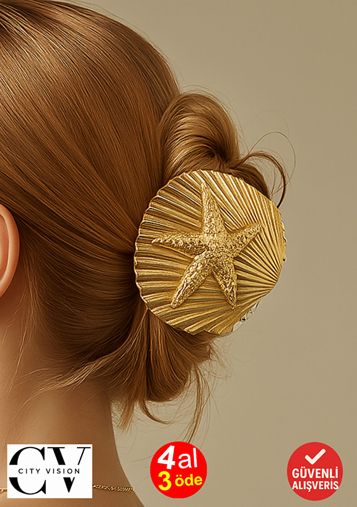 Deniz Yıldızı ve Deniz Kabuğu Tasarımlı Metal Mandal Saç Tokası Altın Renk 5 cm  – Zarif ve Şık Aksesuar