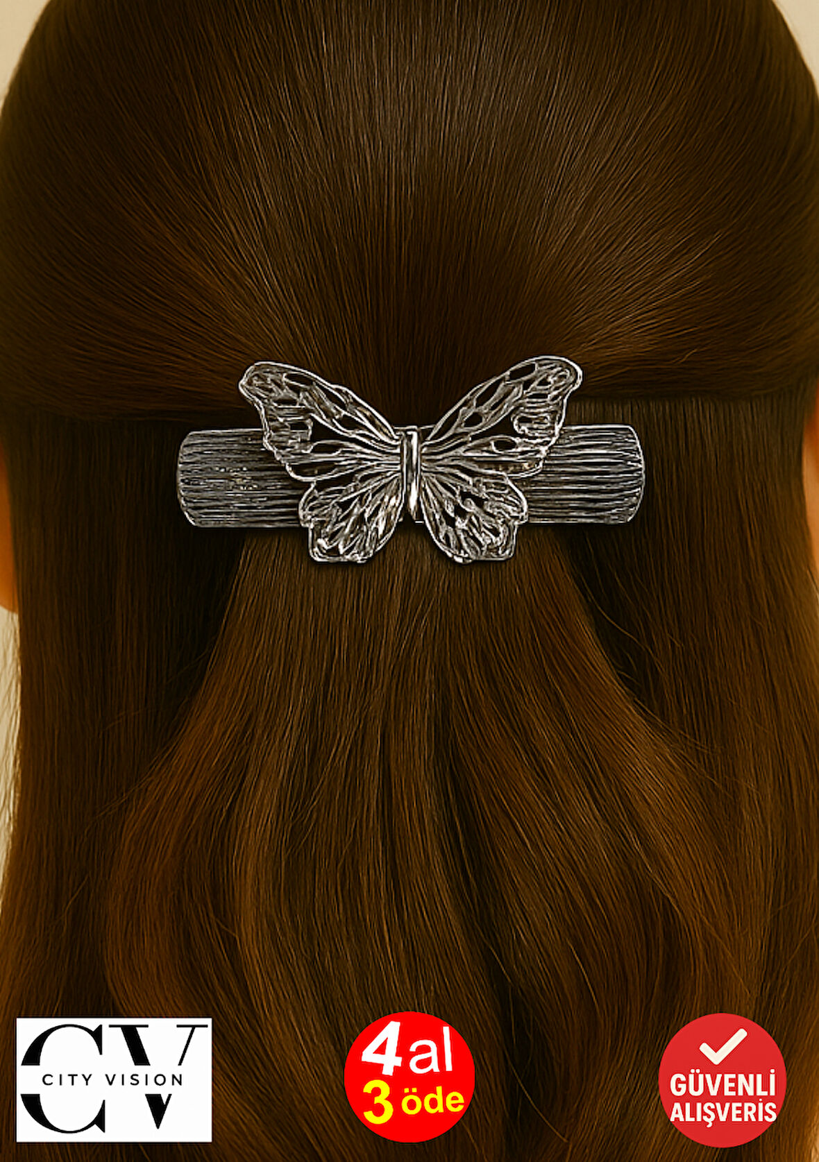 Kelebek Figürlü Metal Saç Tokası Gümüş Renk 8 cm  – Zarif ve Şık Tasarım