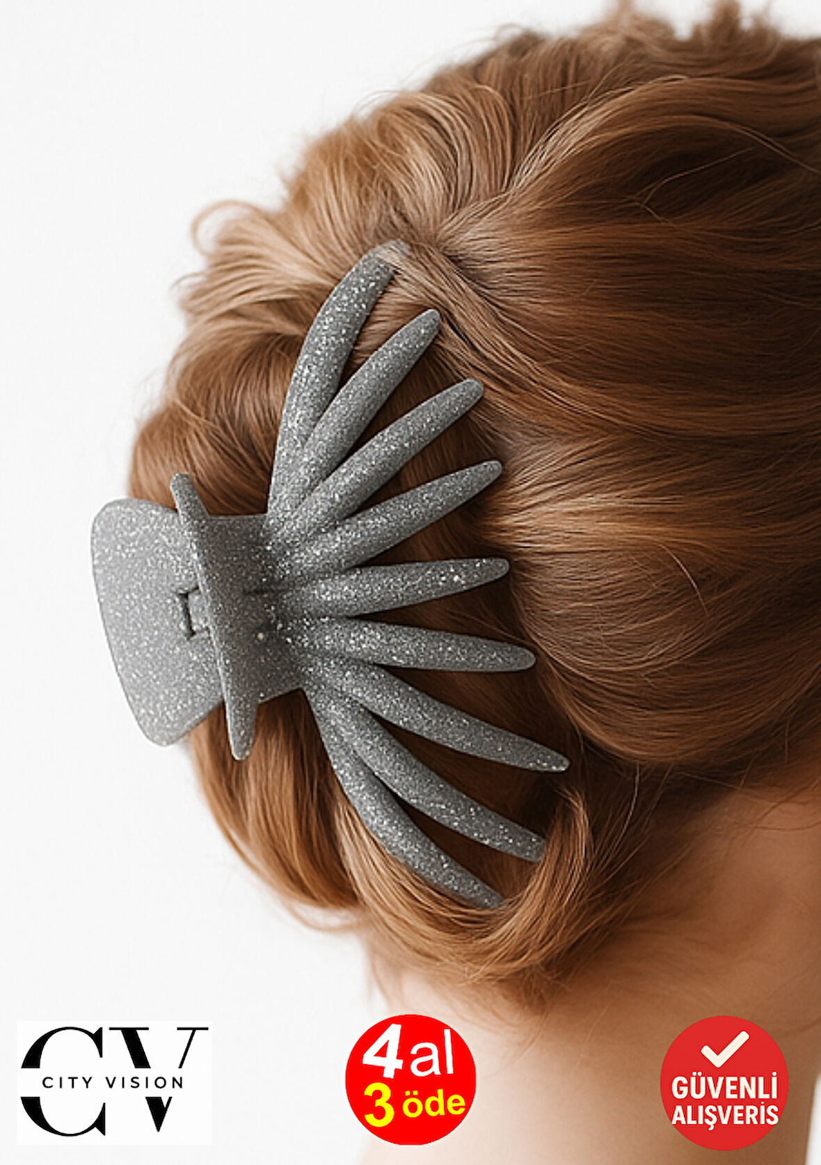 Simli Ahtapot Model Gri Renk Mandal Saç Tokası 12 cm Büyük Boy