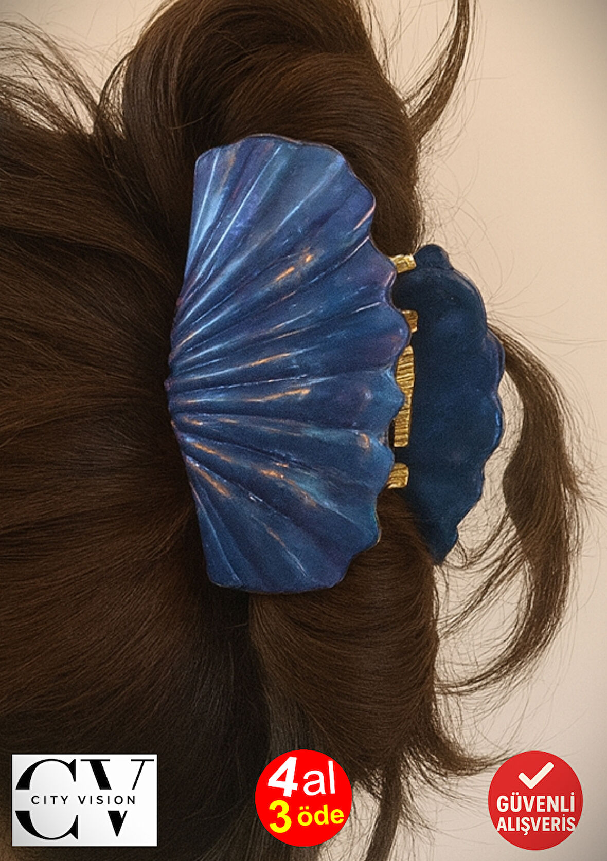 Lacivert Renk Mermer Desenli 8 cm Kadın Mandal Saç Tokası