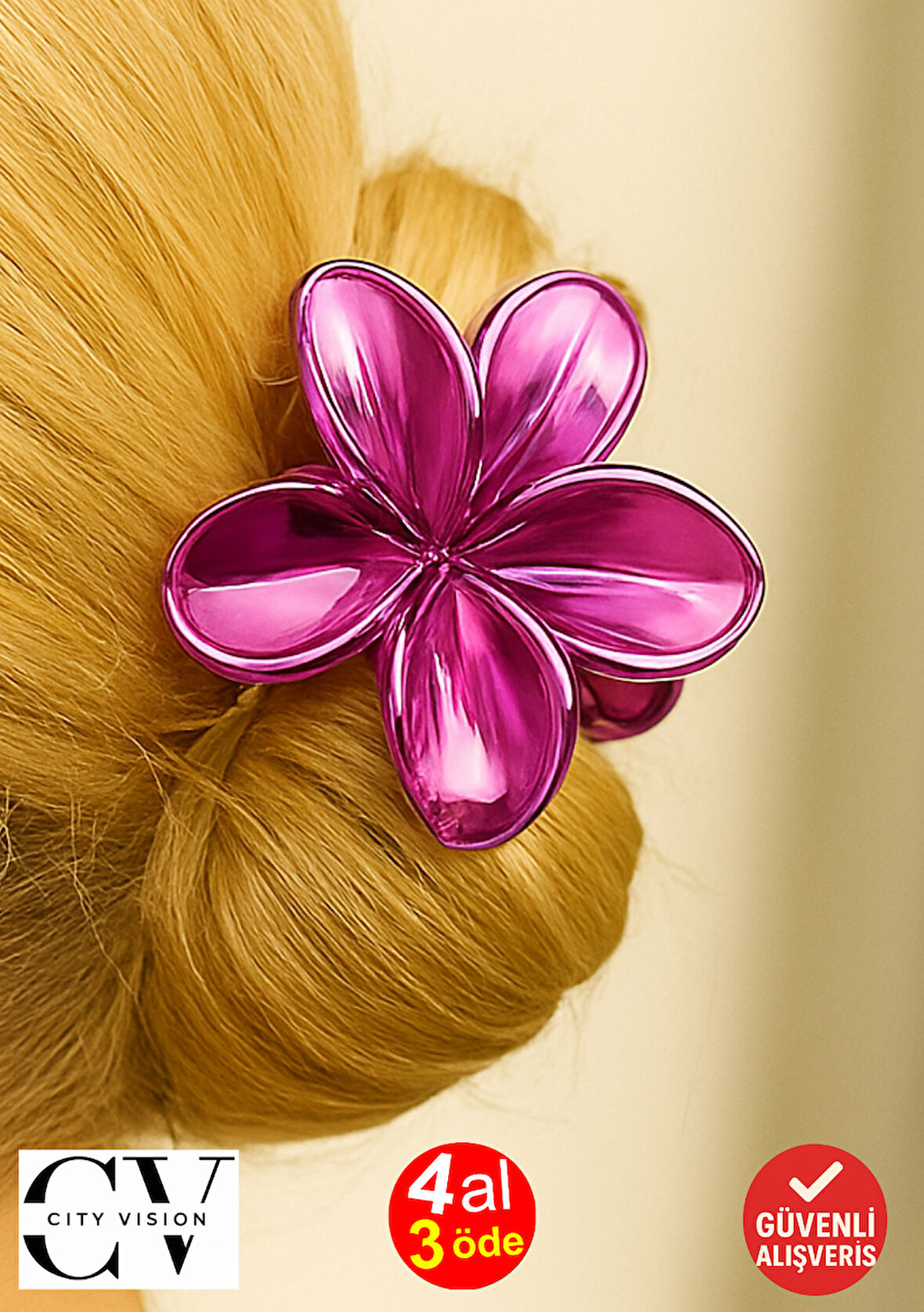 Metalik Fuşya Renk Lotus Mandal Saç Tokası 8 cm – Şık ve Dayanıklı