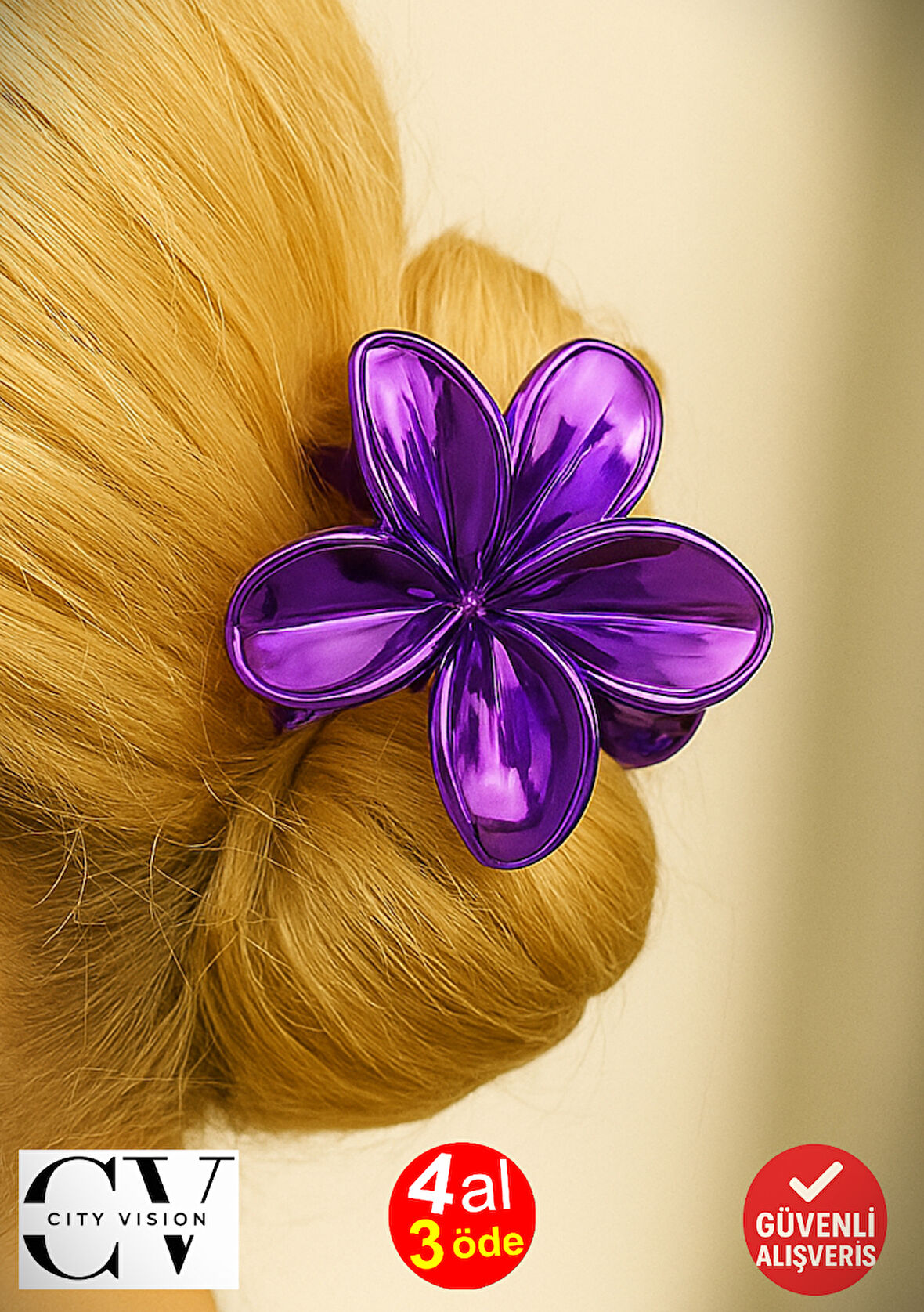 Metalik Mor Renk Lotus Mandal Saç Tokası 8 cm – Şık ve Dayanıklı 