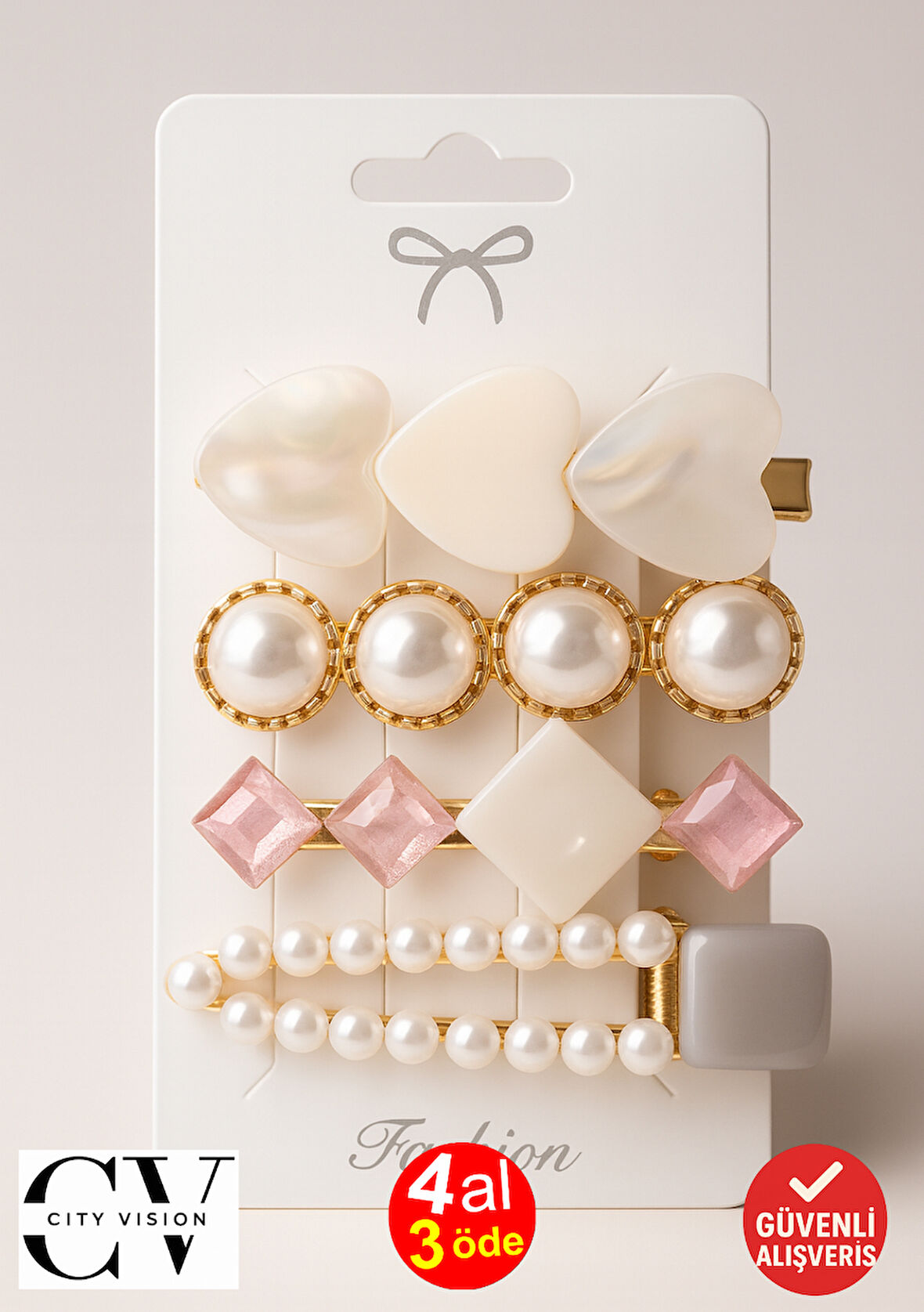 4 adet İnci & Taş Detaylı Saç Tokası Seti (6 cm) — Şık ve Dayanıklı