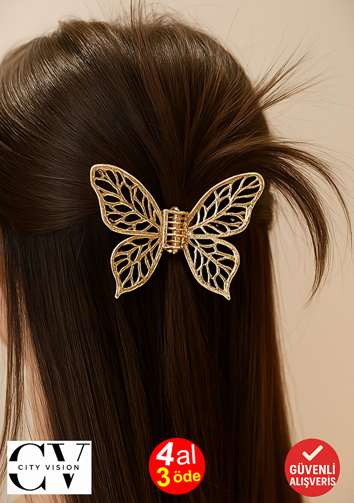 Kelebek Model Altın Renk 7 cm Orta Boy Metal Saç Tokası