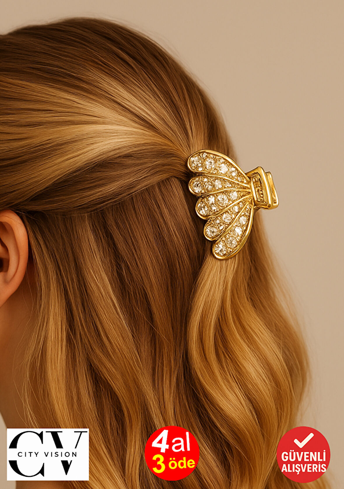 Taş Detaylı Kabuk Formlu Metal Mandal Saç Tokası 4 cm – Zarif ve Işıltılı Görünüm