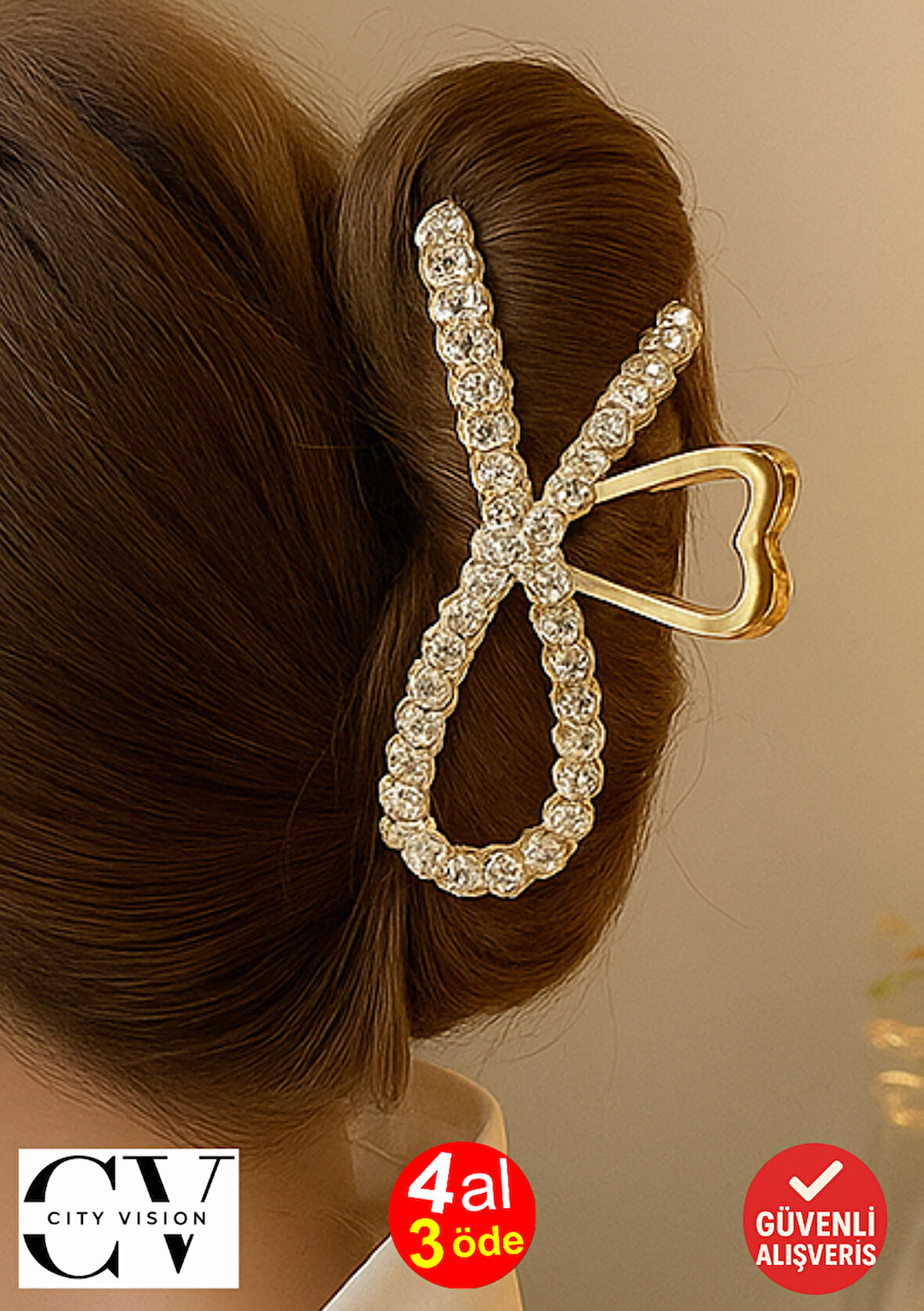 Taş Detaylı Gold Fiyonk Formlu 11 cm Saç Tokası – Zarif ve Işıltılı Tasarım