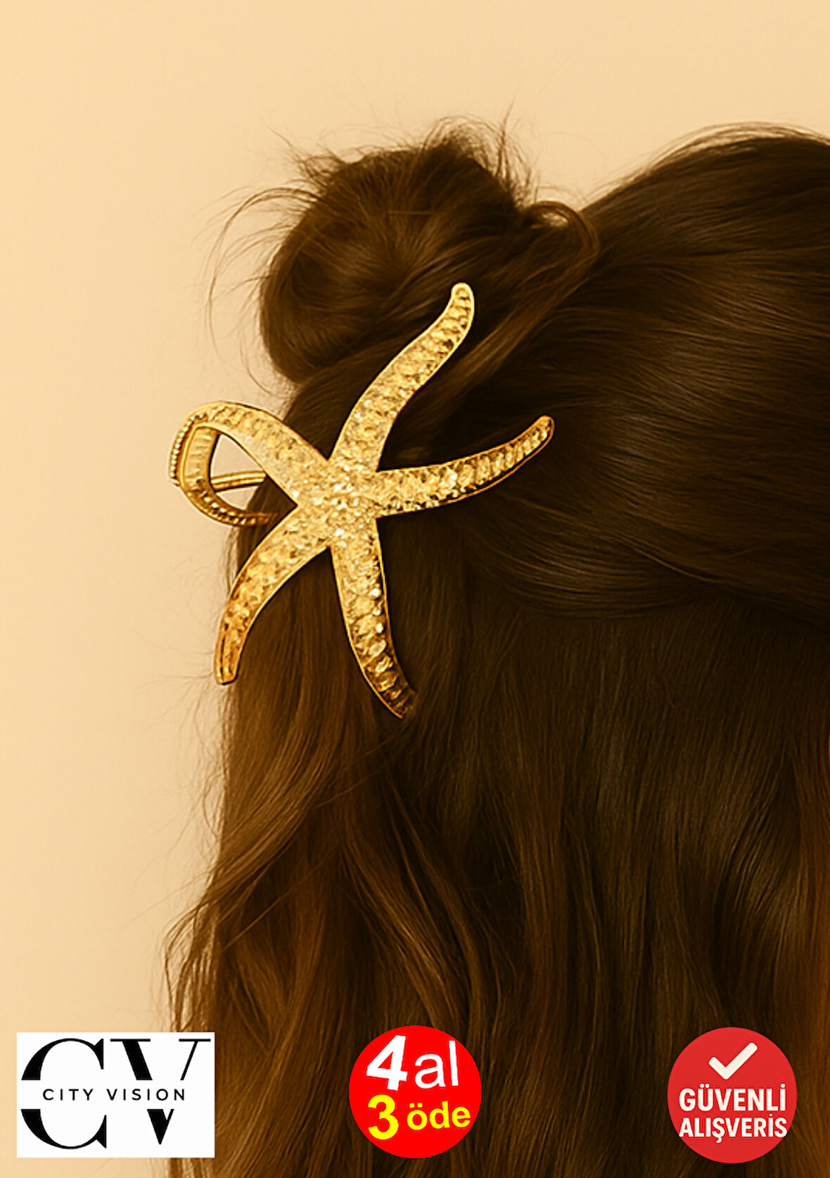 Deniz Yıldızı Formlu 11 cm Gold Saç Tokası – Zarif ve Modern Saç Aksesuarı