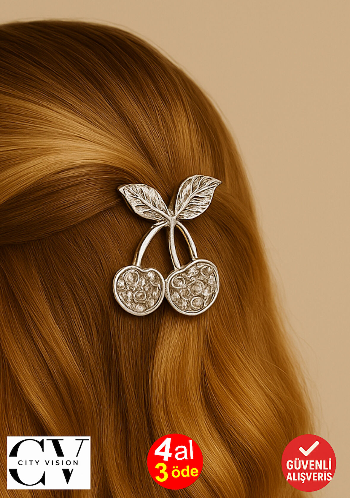 Gümüş Kiraz Formlu 7 cm Saç Tokası – Zarif ve Modern Metal Saç Aksesuarı