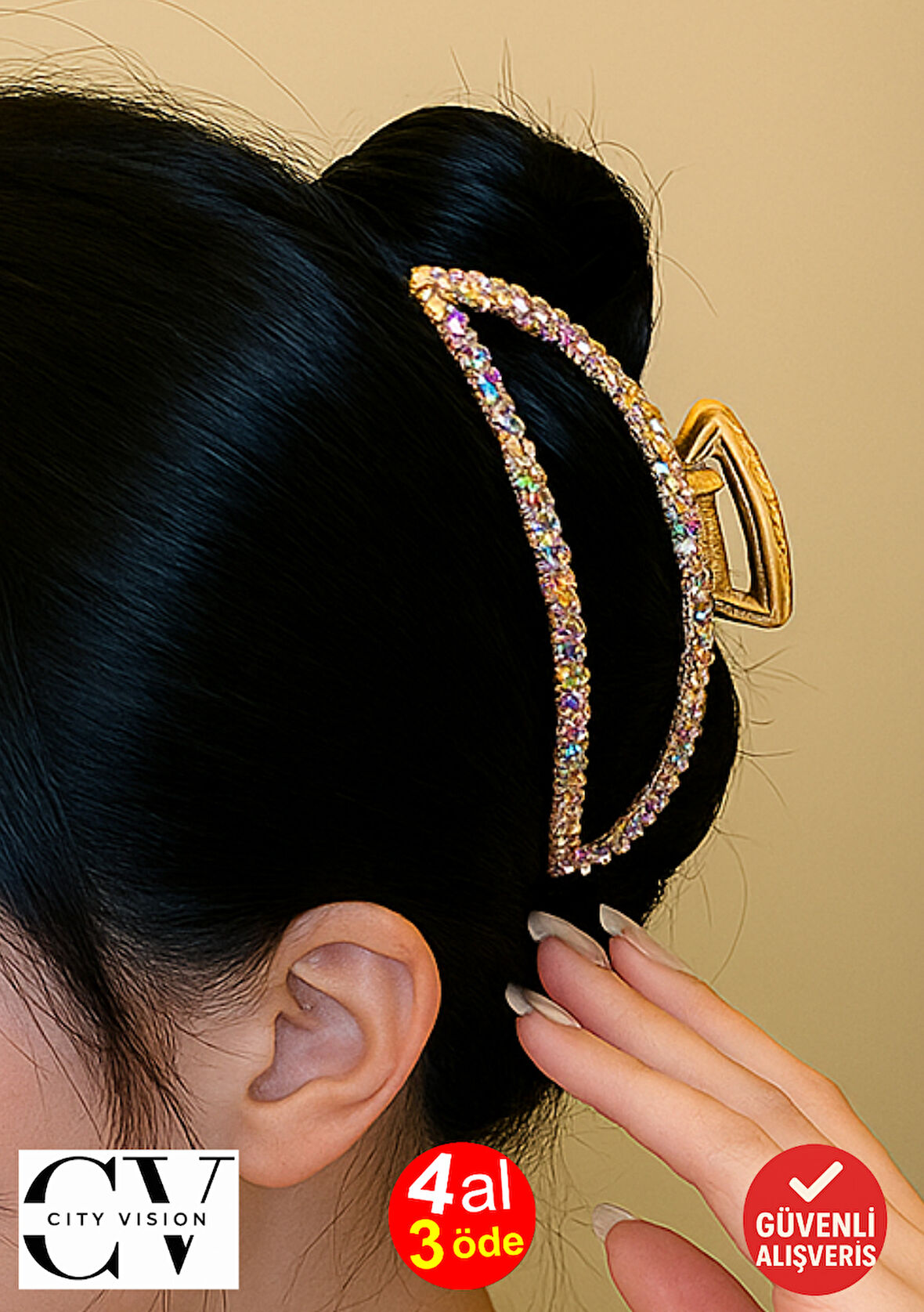 7 cm Renkli Taşlı Eliptik Model Gold Saç Tokası – Işıltılı ve Modern Metal Mandal Toka