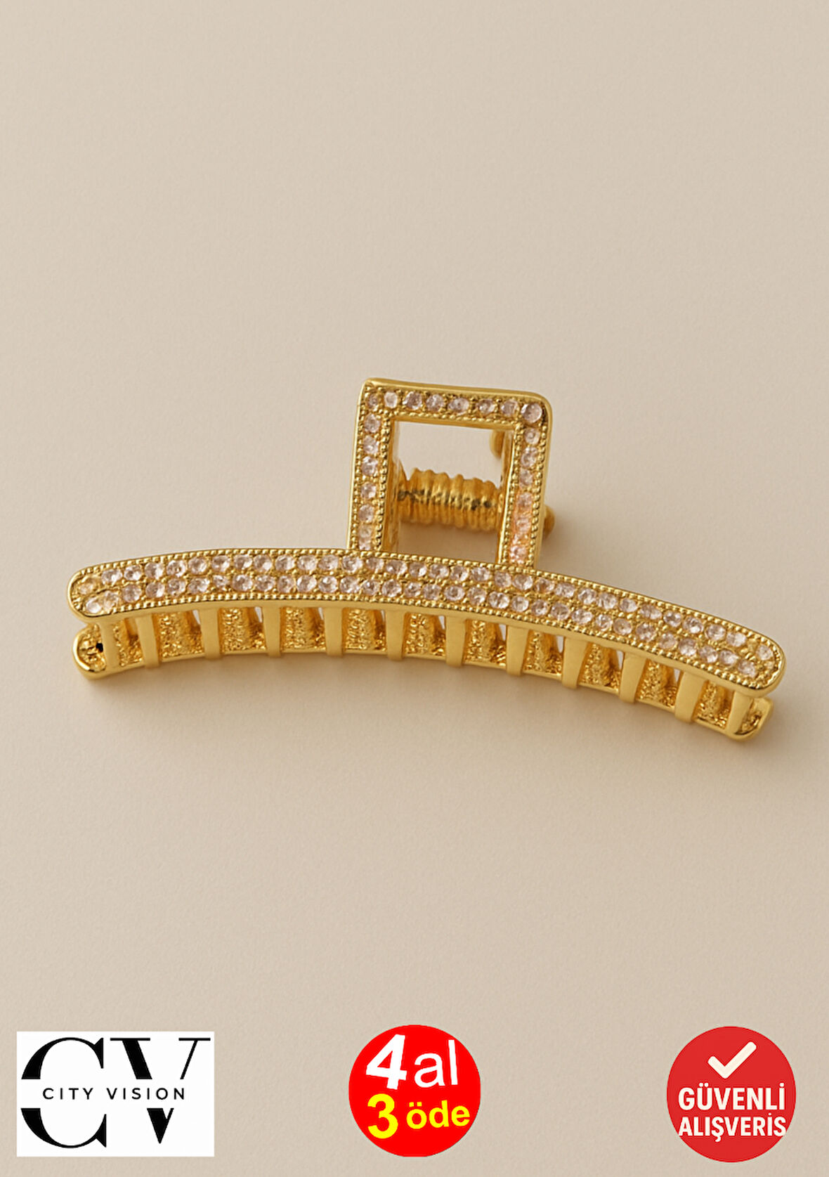 7 cm Gold Taşlı Kavisli Saç Tokası – Şık ve Işıltılı Metal Mandal Toka