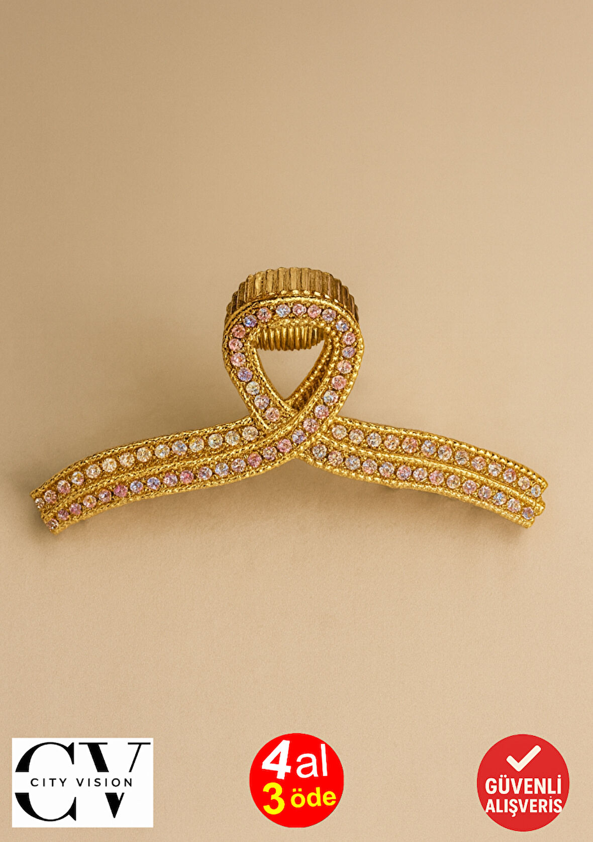 7 cm Gold Fiyonk Model Taşlı Saç Tokası – Renkli Işıltılı Metal Mandal Toka