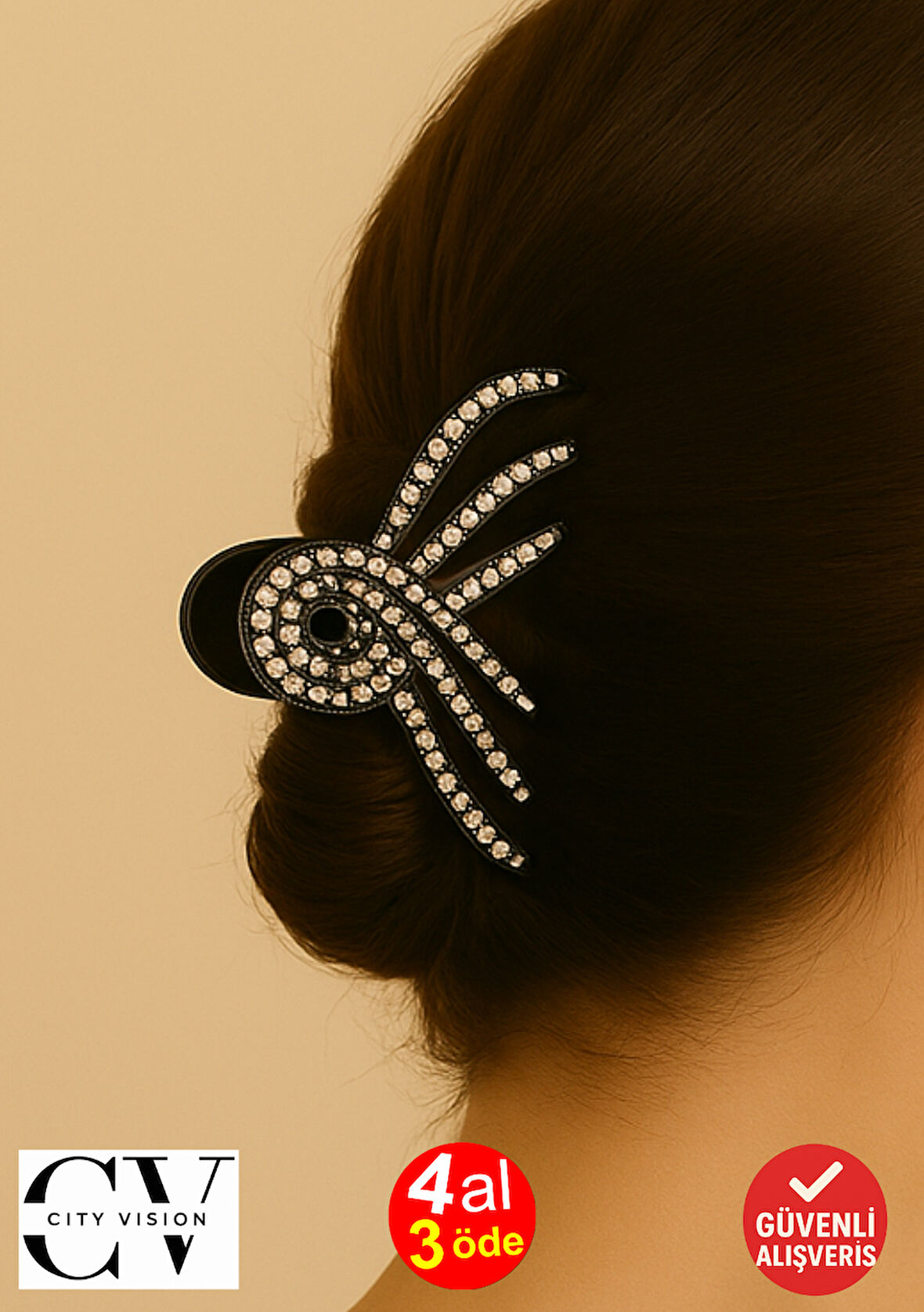 7 cm Siyah Taşlı Dal Formu Saç Tokası – Zarif ve Işıltılı Metal Mandal Toka