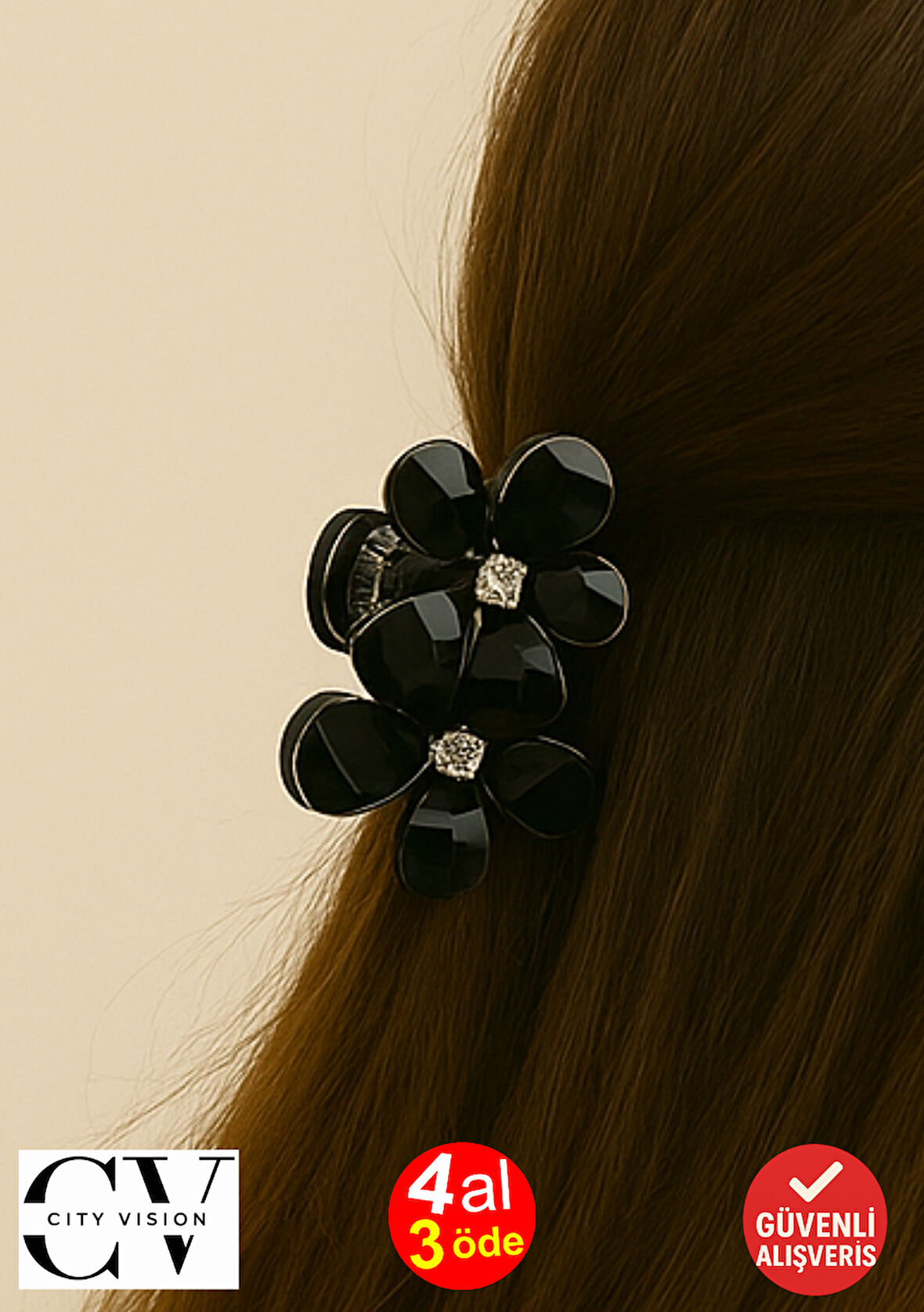 Siyah Taşlı Çiçek Gümüş Detaylı Metal Mandal Toka 4 cm 