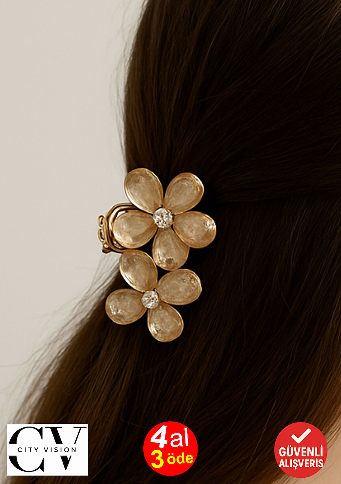 Bej Taşlı Çiçek Gümüş Detaylı Metal Mandal Toka 4 cm 