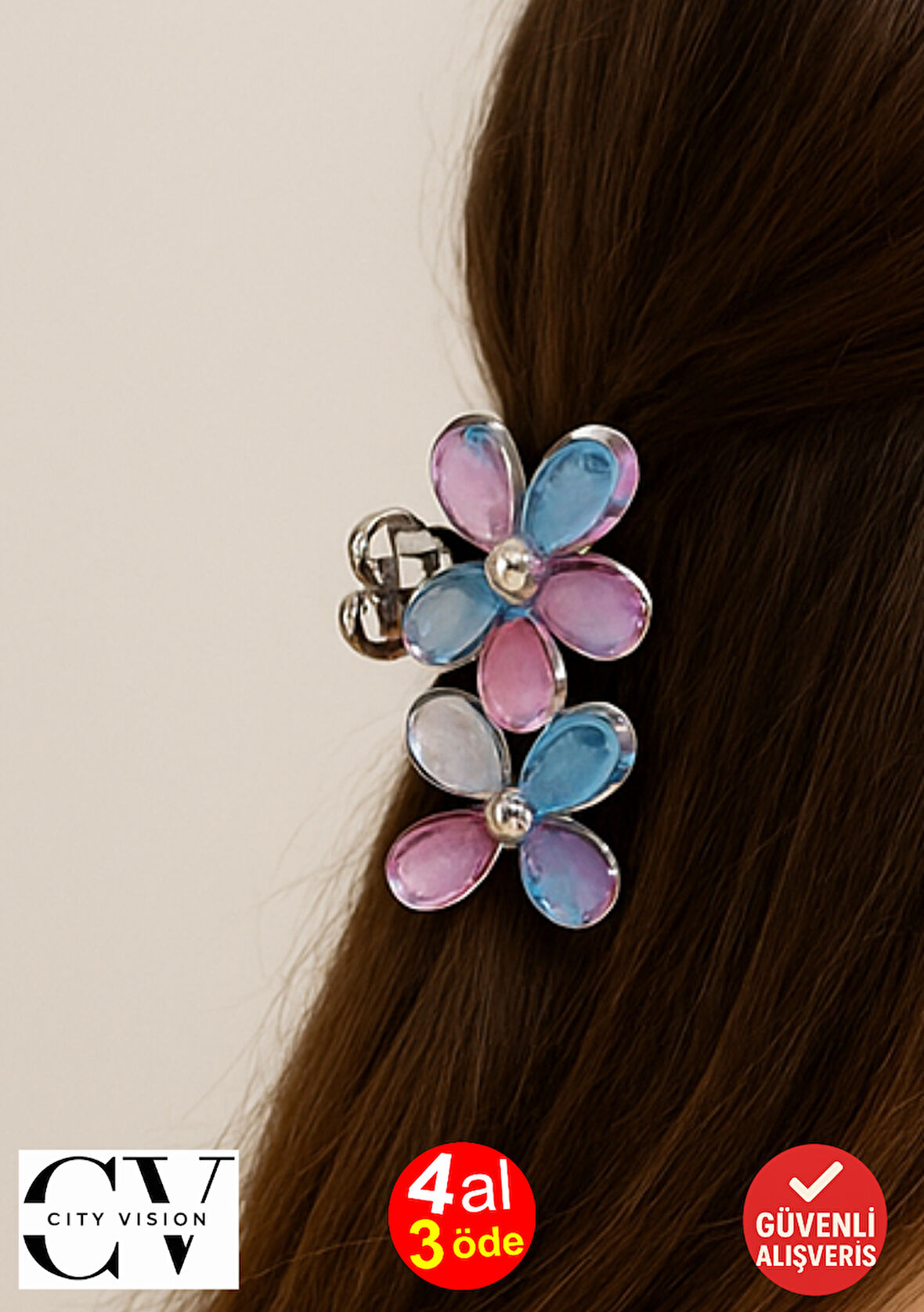 Karışık Renkli Taşlı Çiçek Gümüş Detaylı Metal Mandal Toka 4 cm 