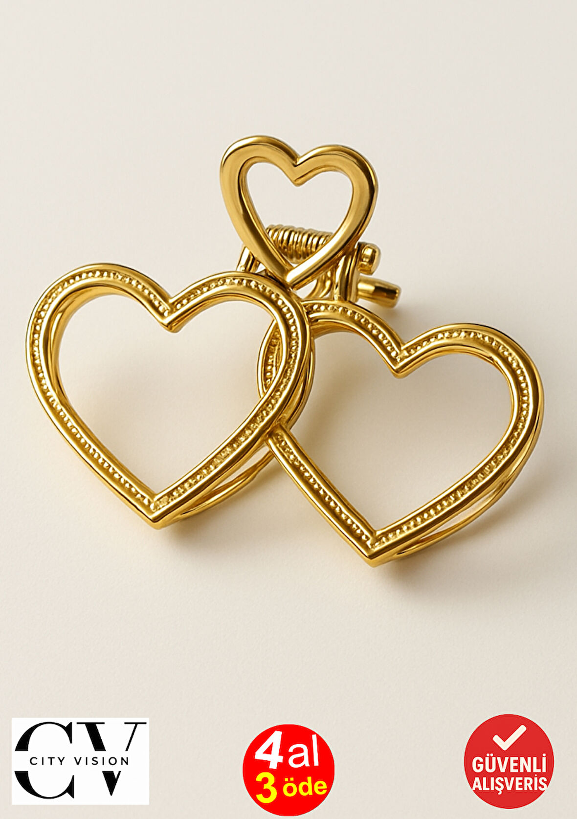 7 cm Çift Kalp Model Gold Saç Tokası – Zarif ve Romantik Metal Mandal Toka