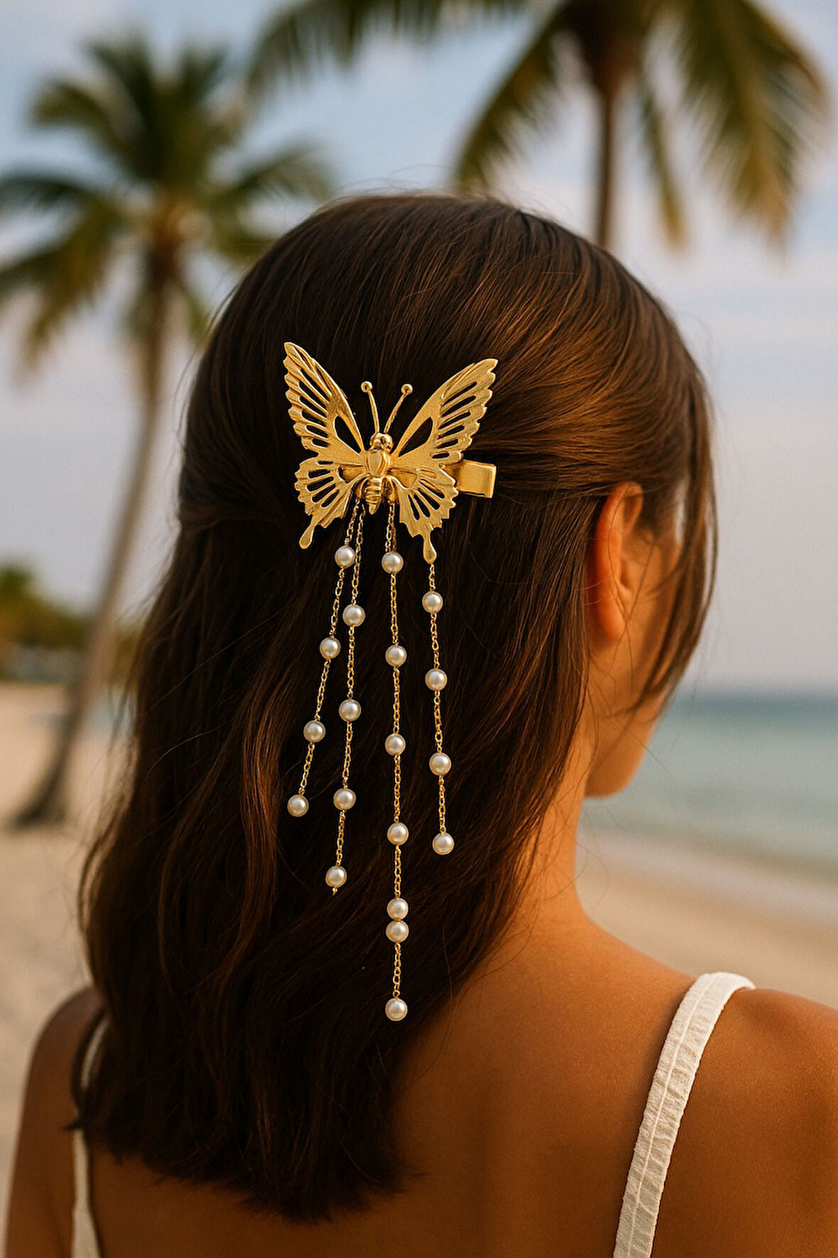 Altın Renk Zarif Kelebek Saç Tokası – Zincirli Boncuk Süslemeli Kadın Mandal Toka
