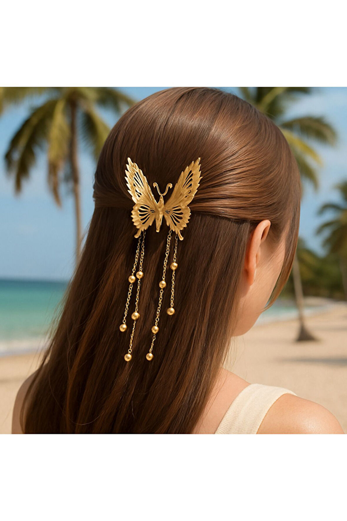 Altın Renk Zarif Kelebek Saç Tokası – Zincirli Boncuk Süslemeli Kadın Mandal Toka