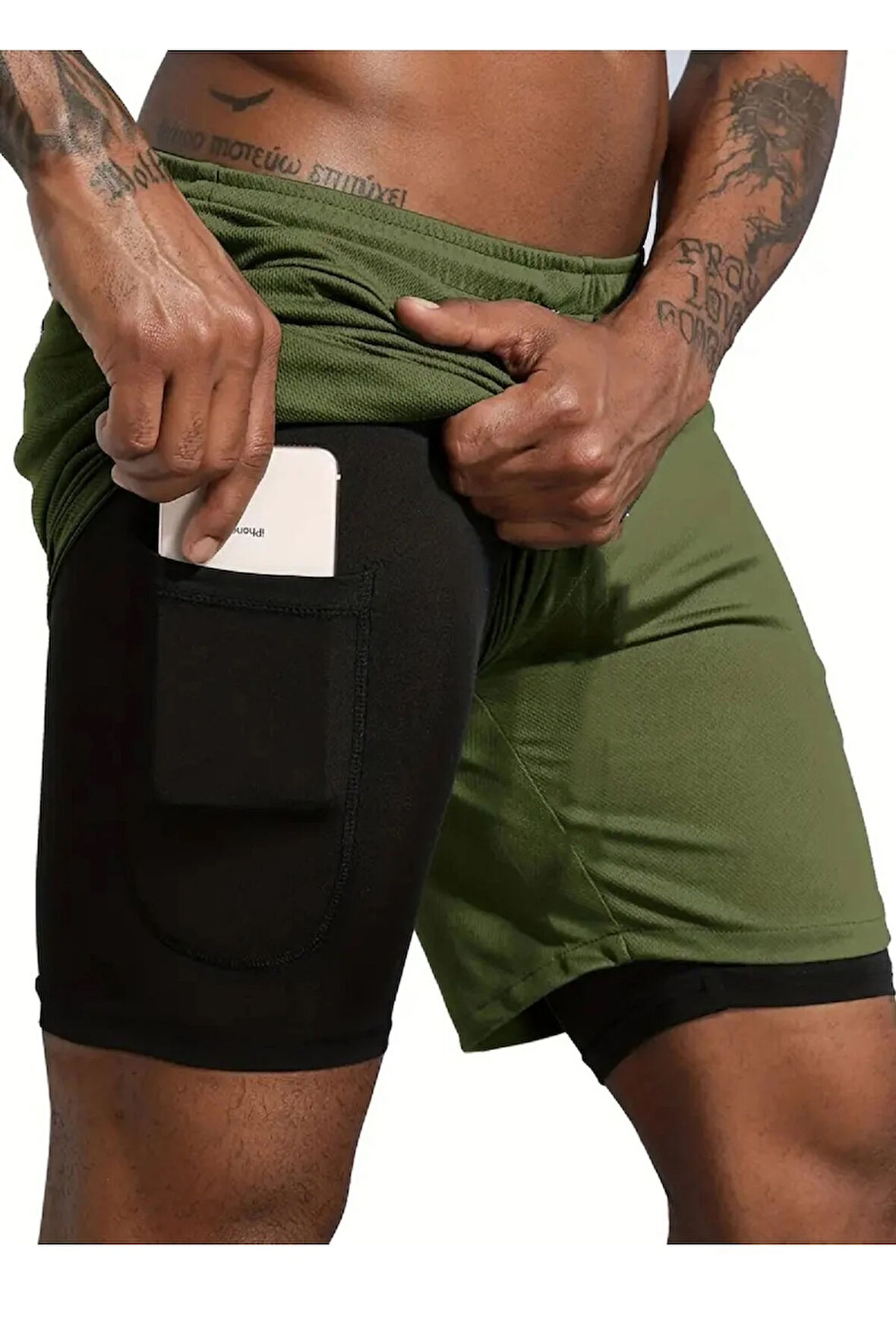 Sporcu Şortu, Alt Siyah Tayt Görünümlü Çok Cepli Taytlı Spor Şortu