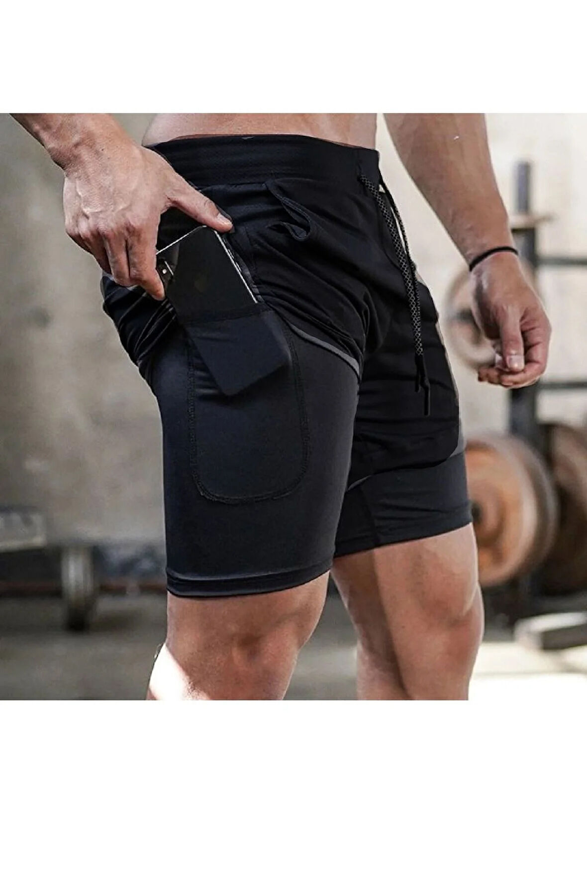 Makiteks Sporcu Şortu, Alt Siyah Tayt Görünümlü Çok Cepli Taytlı Spor Şortu