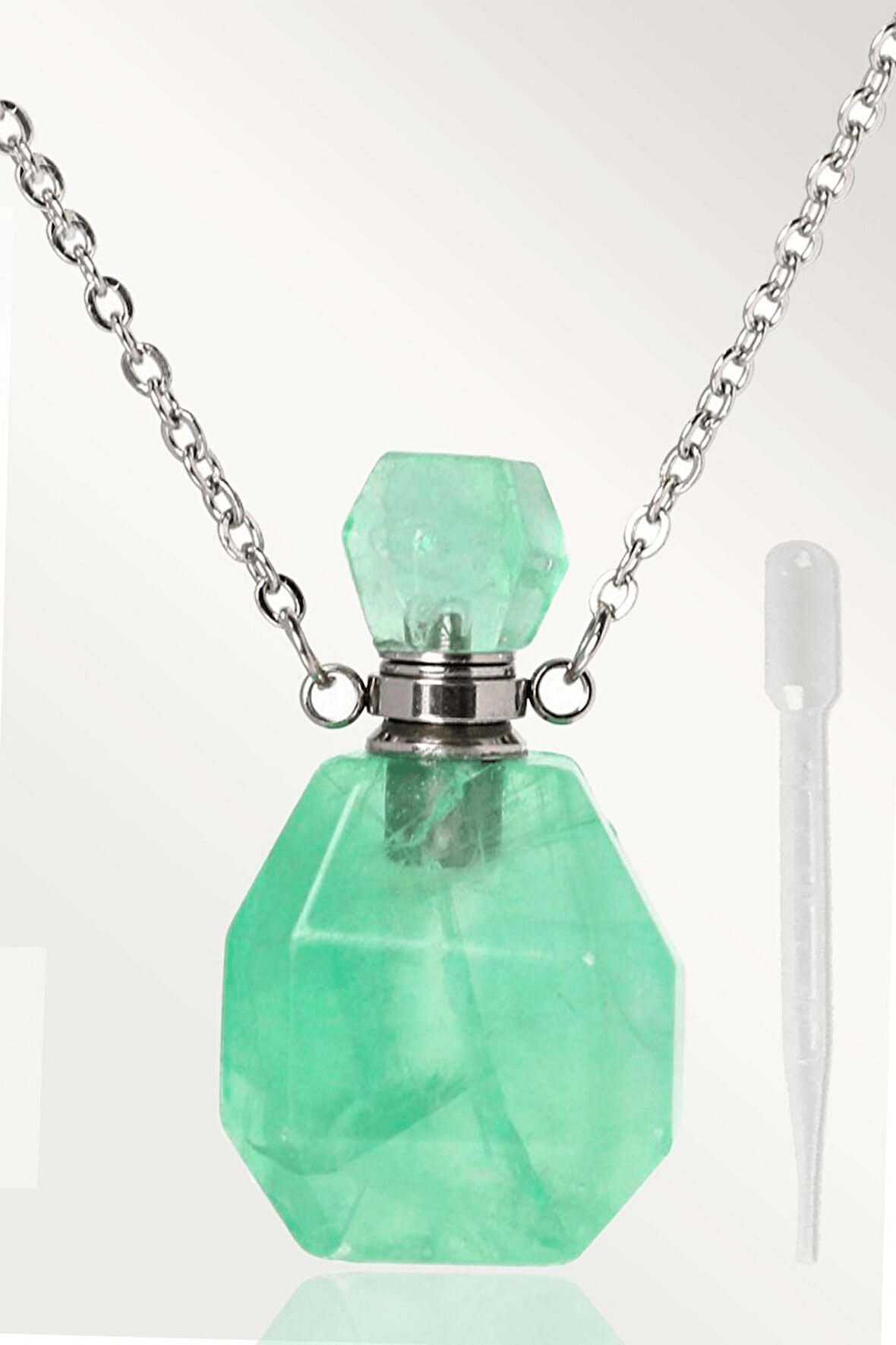 Sertifikalı Parfüm Şişe Tasarımlı Yeşil Florit Taşı Kolye - Gümüş Aparat