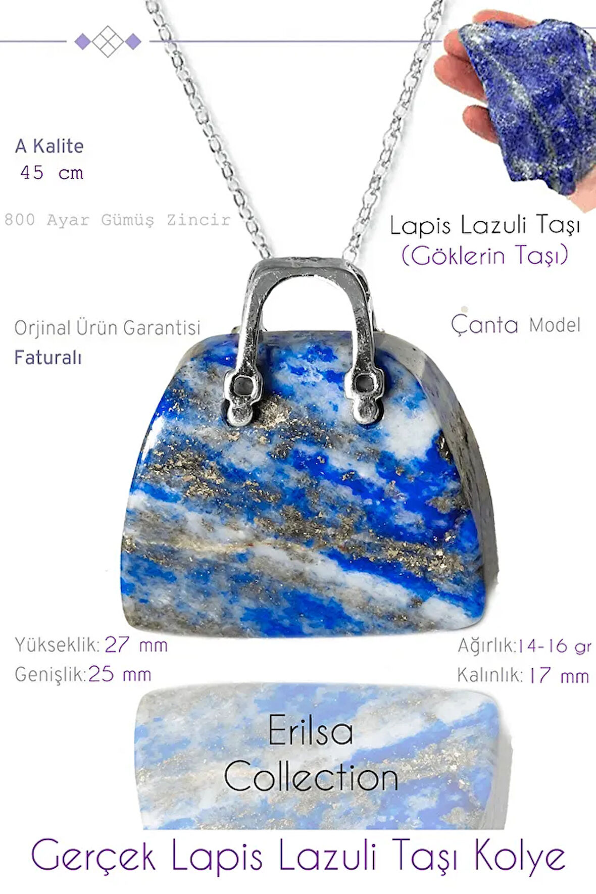 Sertifikalı Çanta Model Lapis Lazuli Taşı Kolye