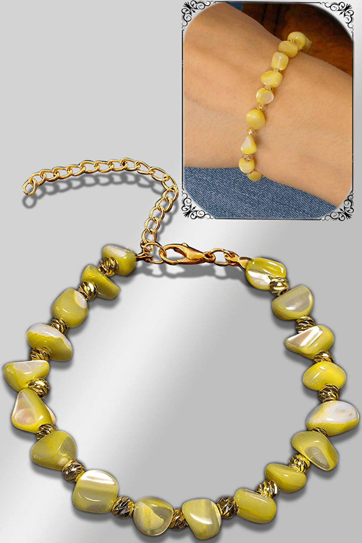 Sertifikalı Sarı Renkli Sedef Taşı Bileklik - Ayarlamalı (Altın Kaplama)