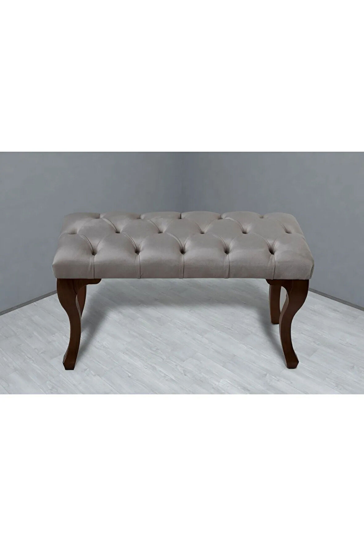 Classic Chester Model Kapitoneli Krem Puf - Ceviz Ayak