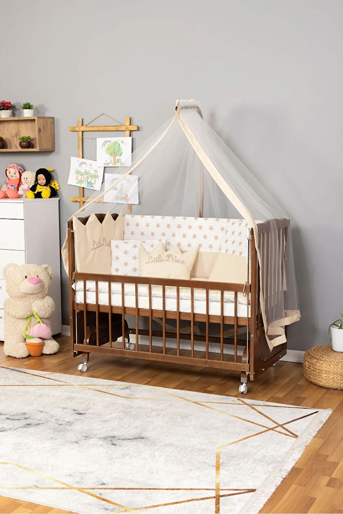Ahşap Beşik Anne Yanı Beşik Ceviz 60x120 Krem Prens (ERKEK) Uyku Seti Yatak Tekerlekli