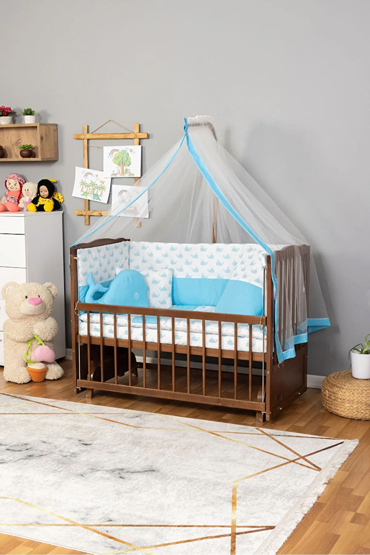 Ahşap Beşik Anne Yanı Beşik Ceviz 60x120 - Mavi Balina Uyku Seti Yatak