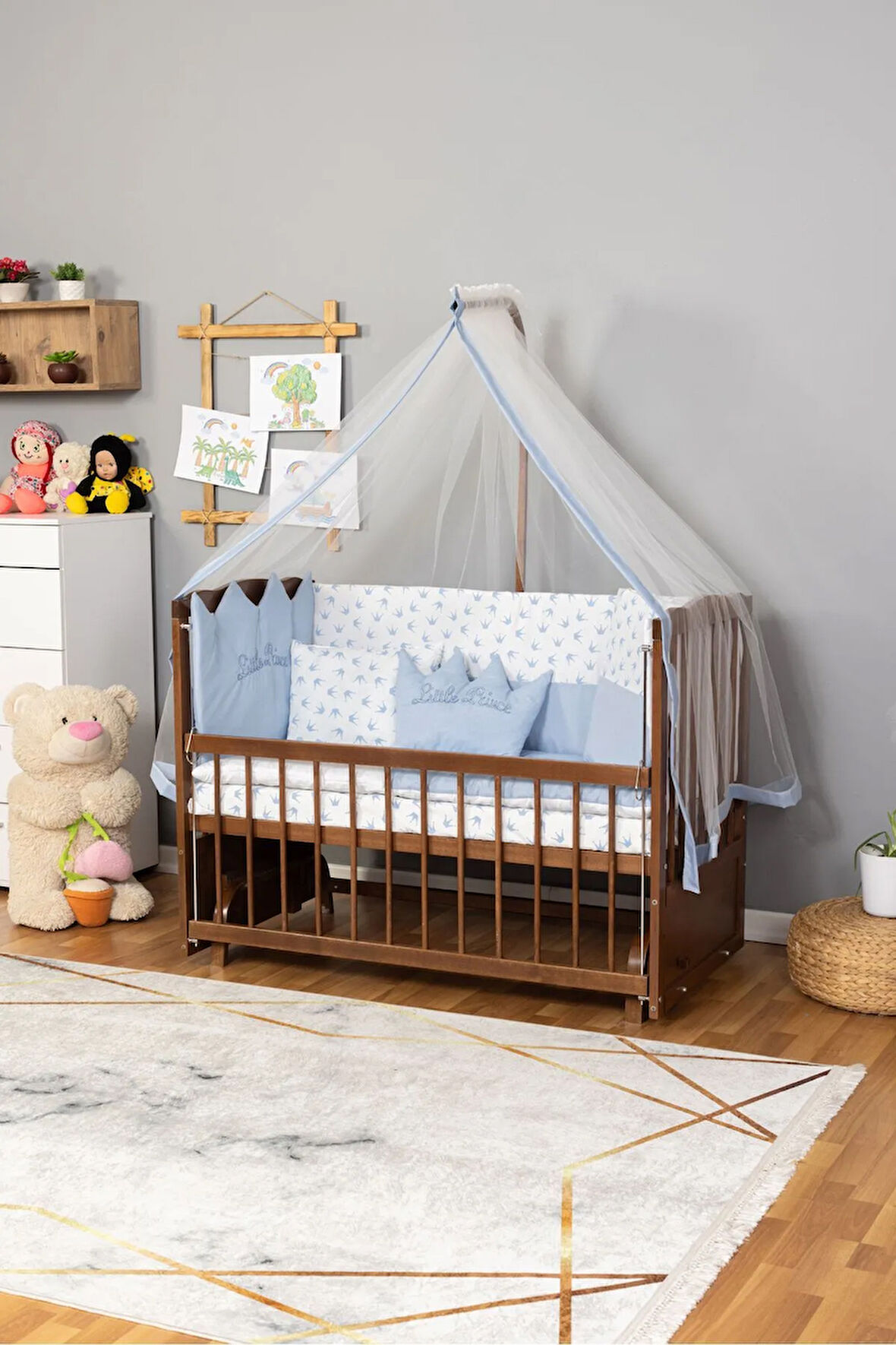 Ahşap Beşik Anne Yanı Beşik Ceviz 60x120 Mavi Prens (ERKEK) Uyku Seti Yatak