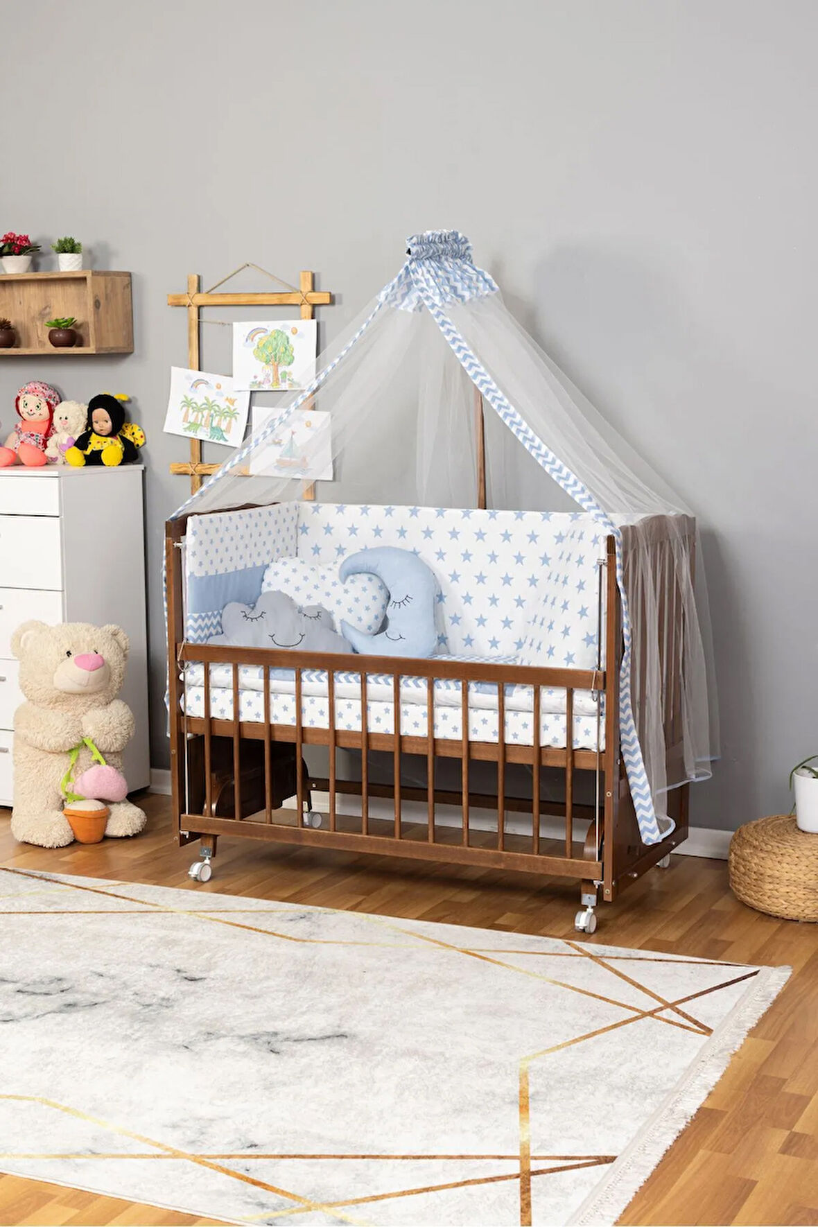 Ahşap Beşik Anne Yanı Beşik Ceviz 60x120 Mavi Yıldız Uyku Seti Yatak Tekerlekli