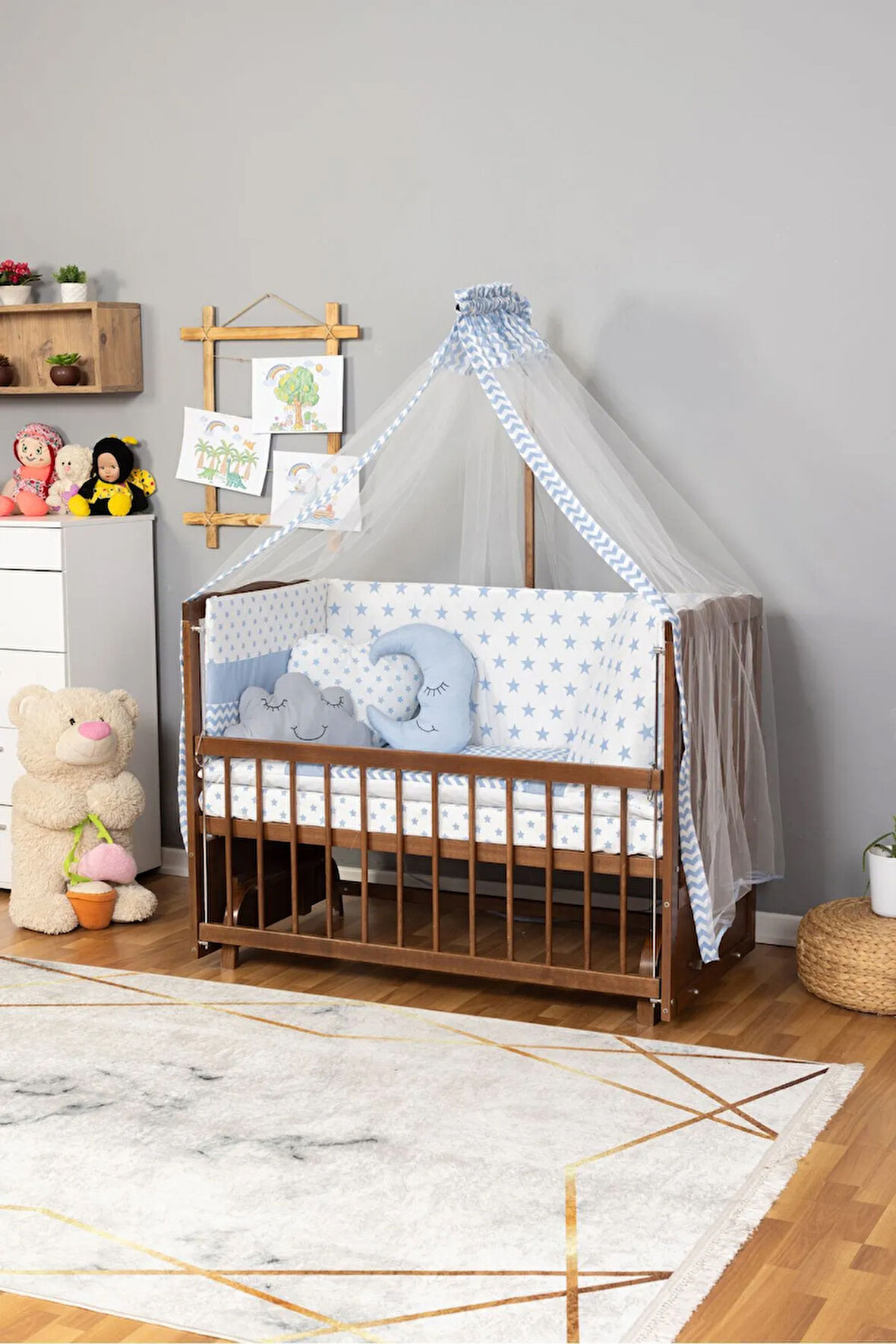 Ahşap Beşik Anne Yanı Beşik Ceviz 60x120 Mavi Yıldız Uyku Seti Yatak