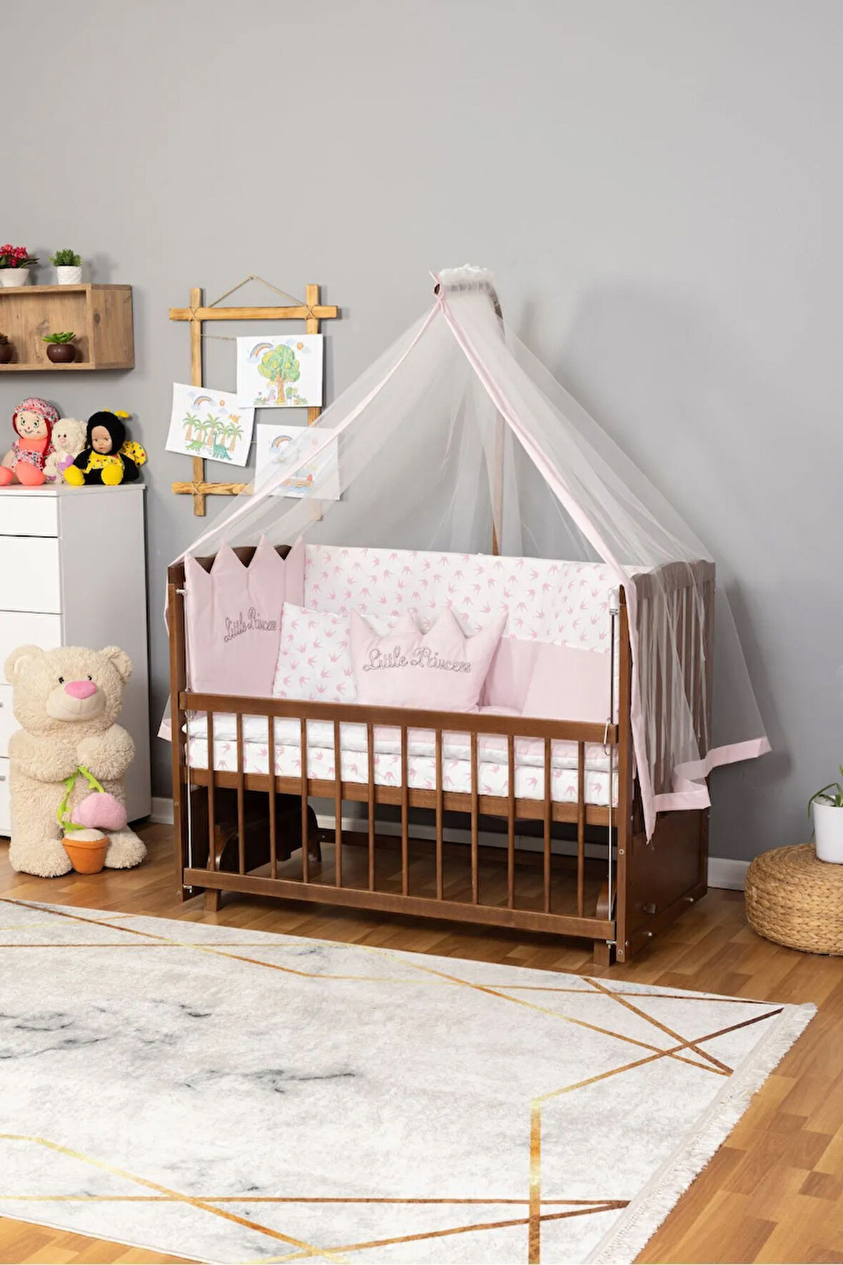 Ahşap Beşik Anne Yanı Beşik Ceviz 60x120 Pembe Prenses (KIZ) Uyku Seti Yatak