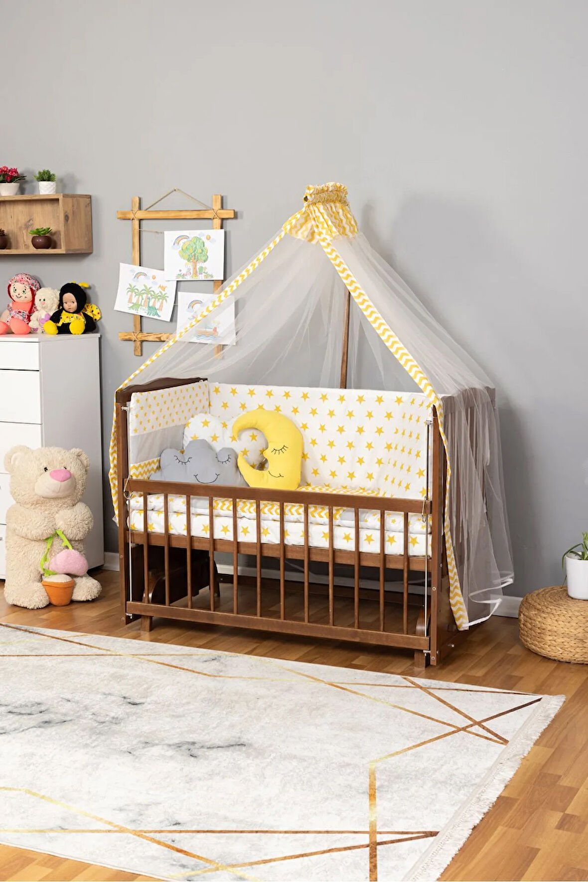 Ahşap Beşik Anne Yanı Beşik Ceviz 60x120 Sarı Yıldız Uyku Seti Yatak