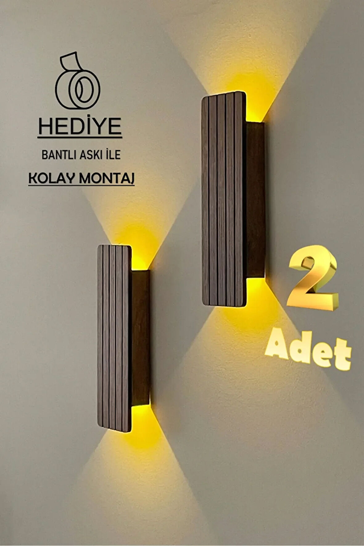 2 Adet Ahşap Pilli Dekoratif Duvar Aydınlatması Aplik Gece Lambası (CEVİZ- AMBER)