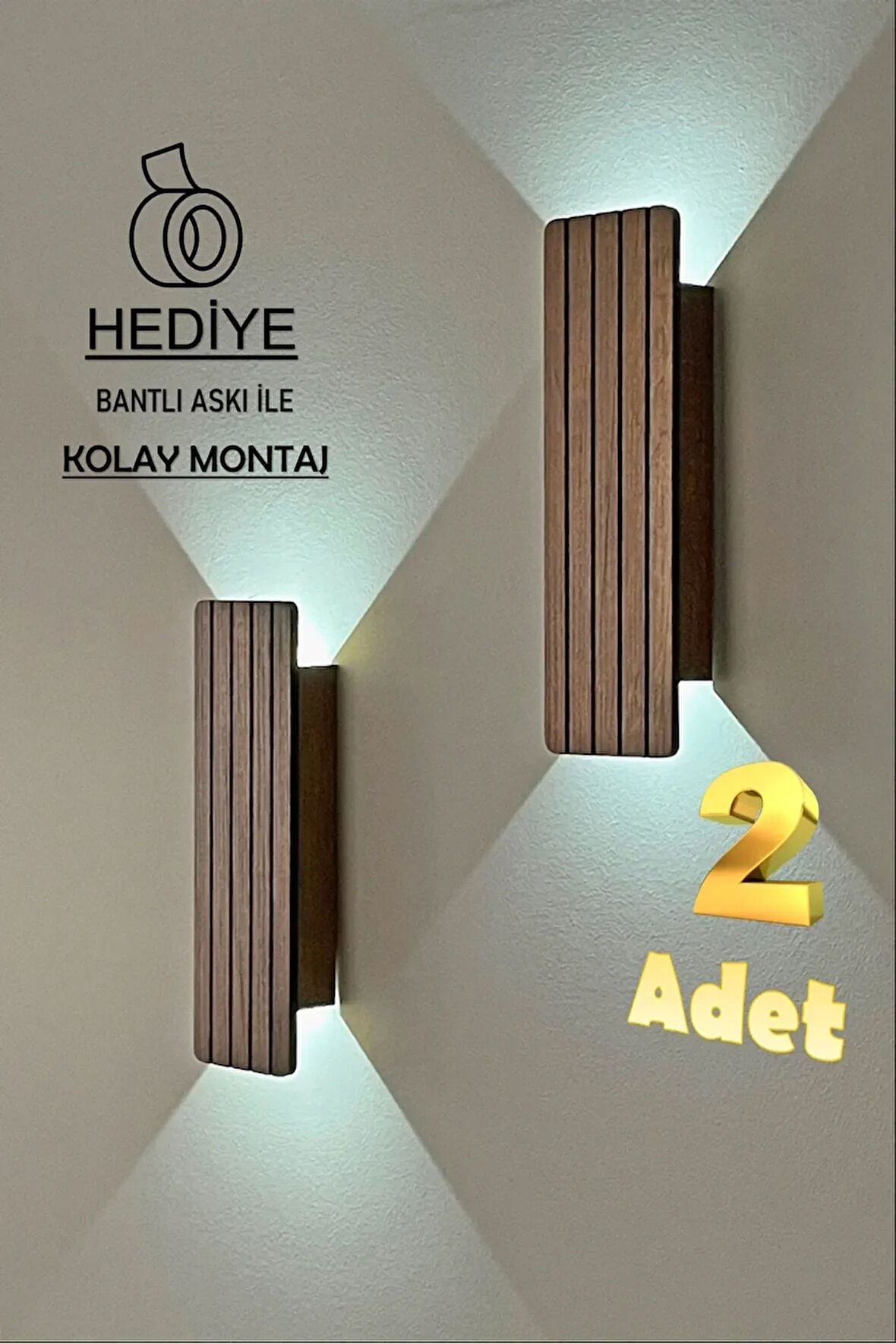 2 Adet Ahşap Pilli Dekoratif Duvar Aydınlatması Aplik Gece Lambası (CEVİZ-BEYAZIŞIK)