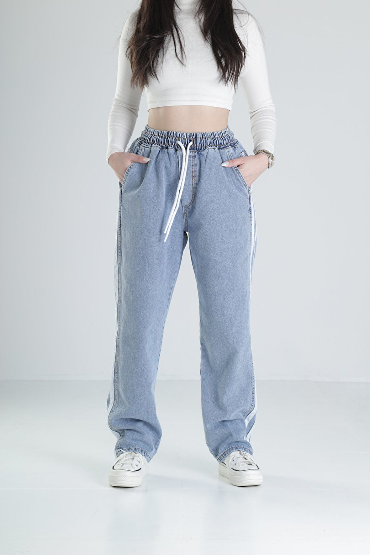 Şerit Detaylı Mavi Baggy Kot Pantolon