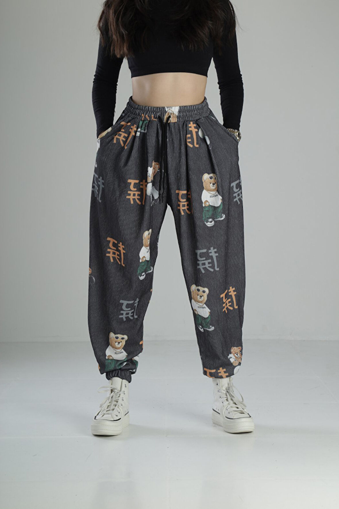 Ayıcık Desenli Rahat Kesim Bürümcük Jogger Pantolon