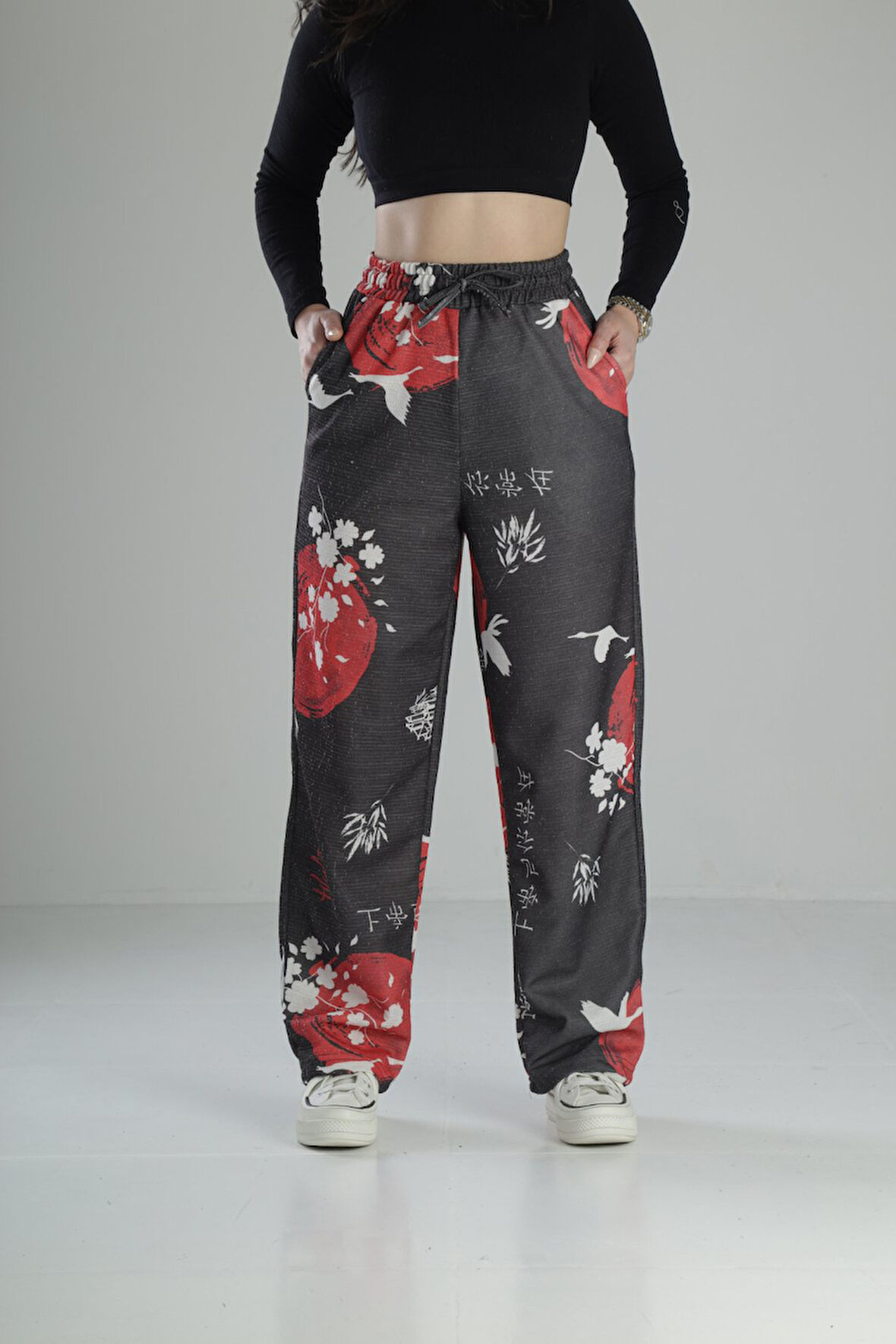 Japon Çiçeği Desenli Baggy Pantolon