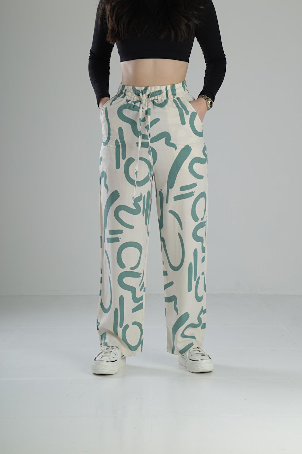 Yeşil Etnik Desenli Baggy Pantolon