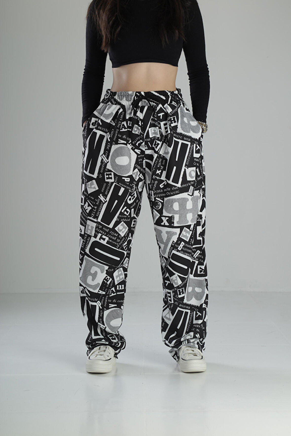 Yazı Desenli Baggy Pantolon