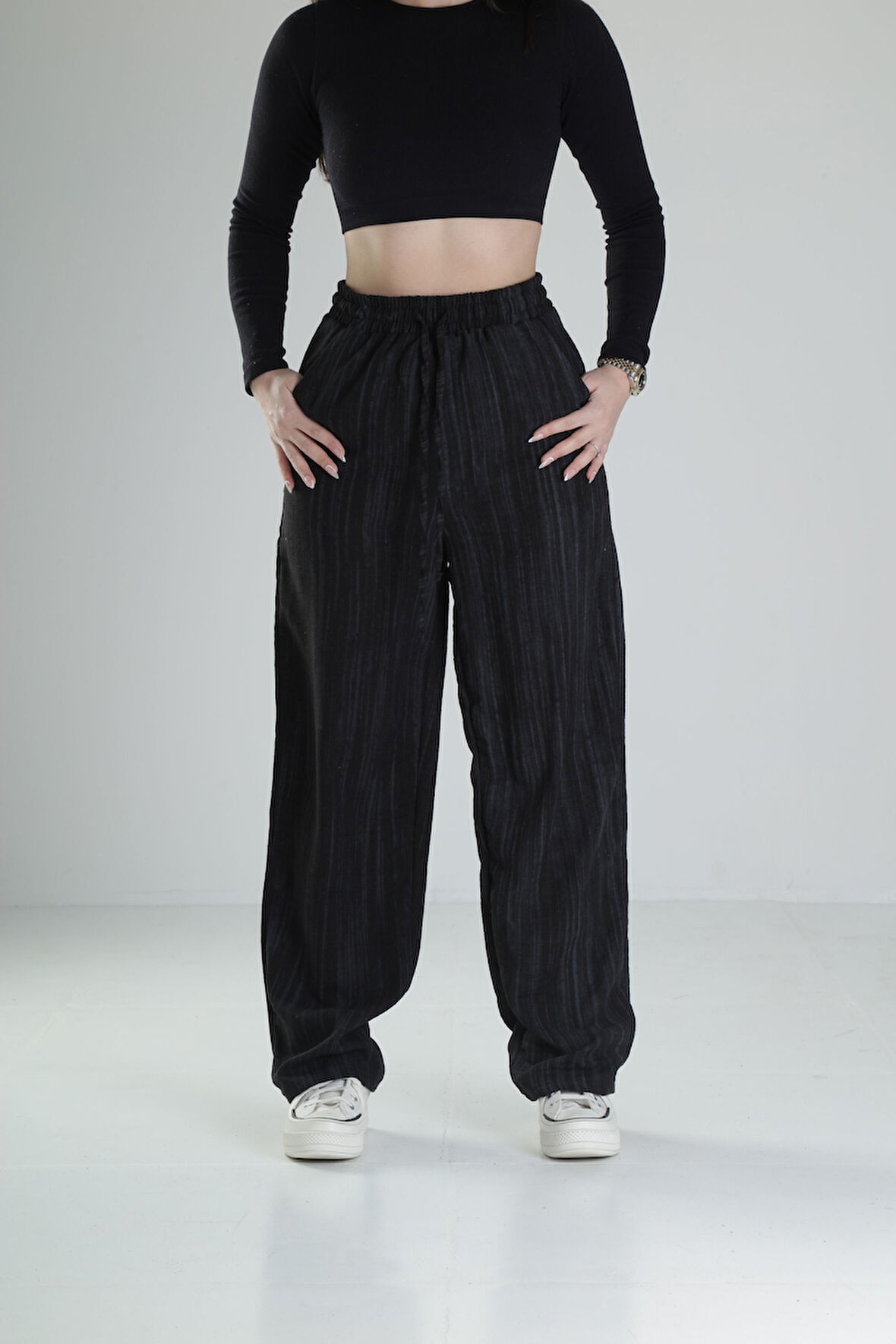 Aerobin Keten Kumaş Siyah Baggy Pantolon