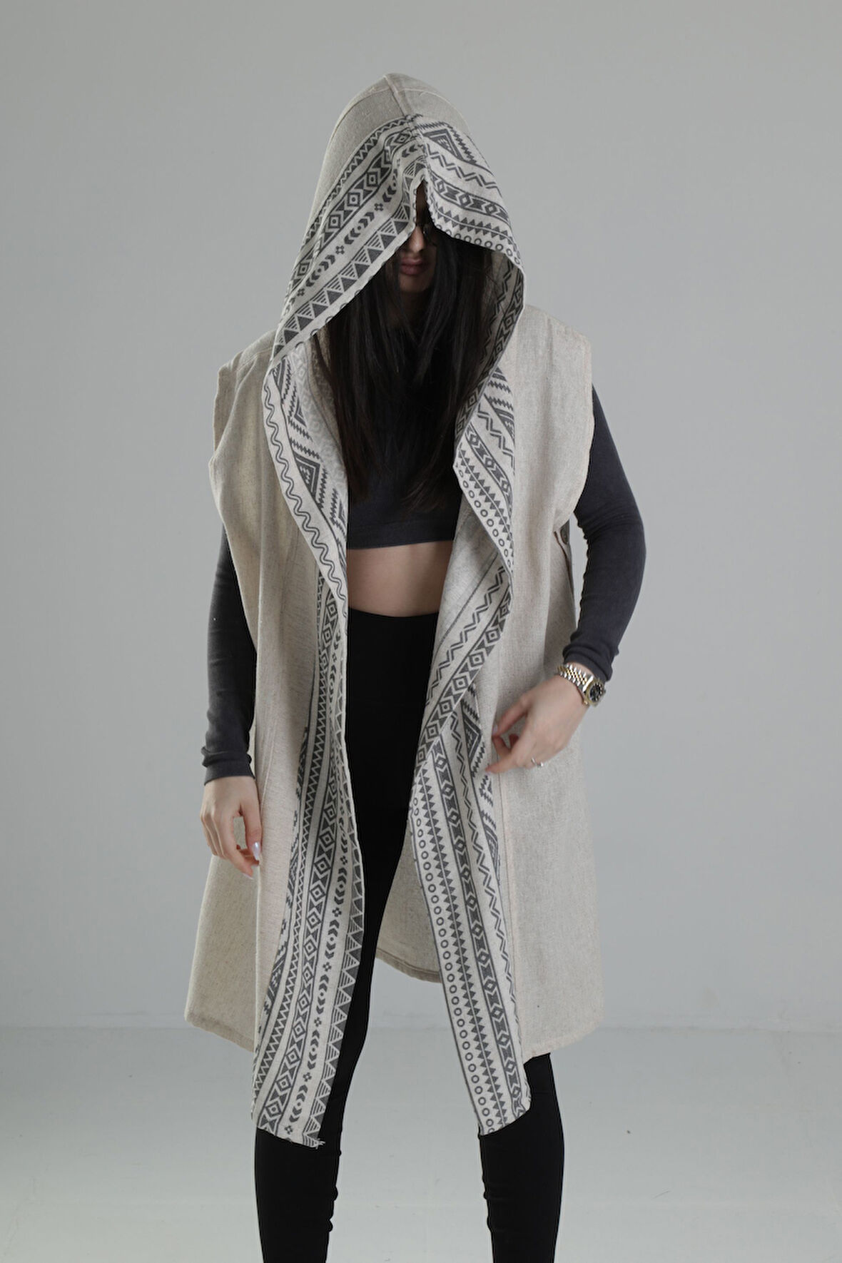 Etnik Desenli Şeritli Kimono