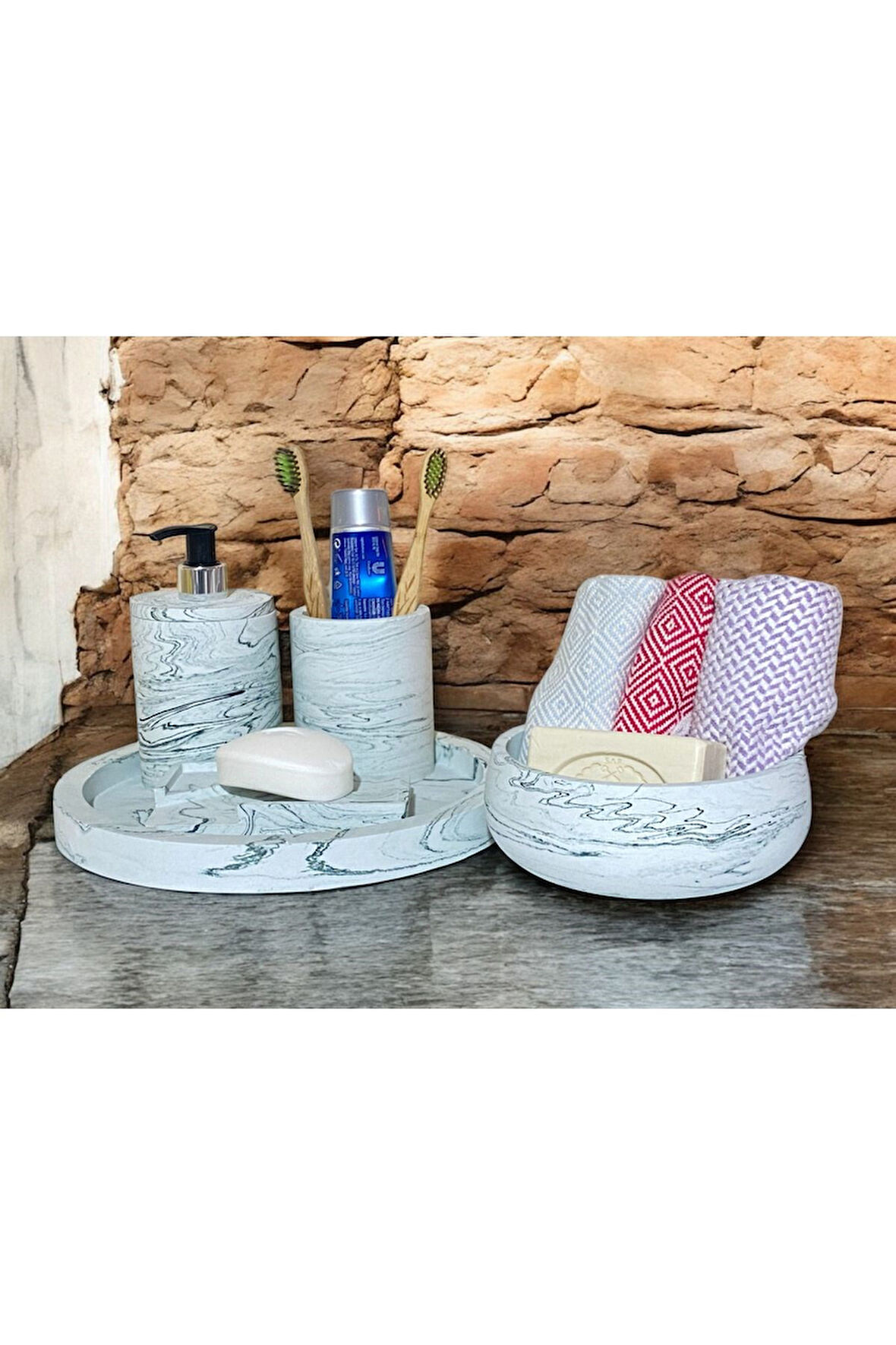Mermer Desenli Klasik Beton Banyo Aksesuar Seti (5 Parça)