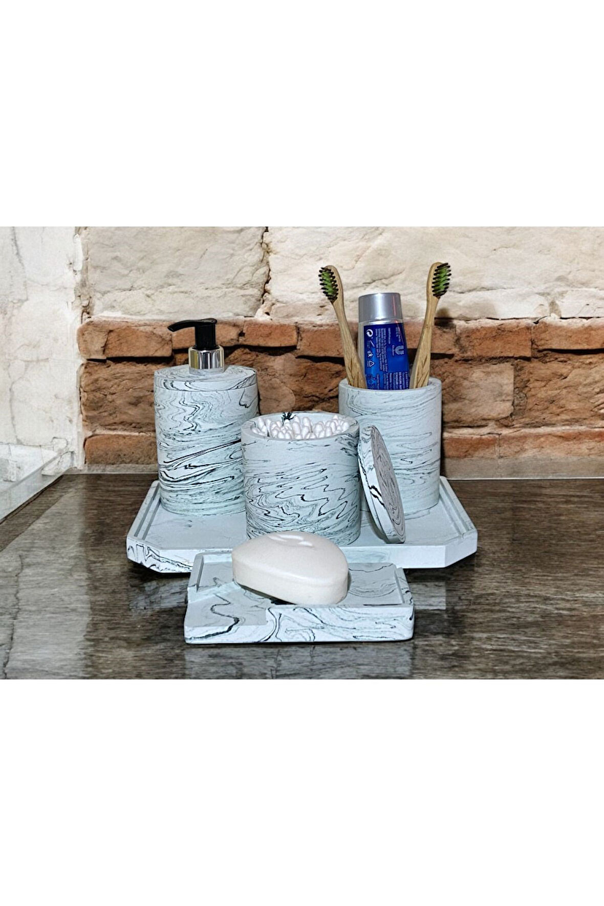 Elegan Mermer Desenli Beton Banyo Aksesuar Seti (5 Parça)