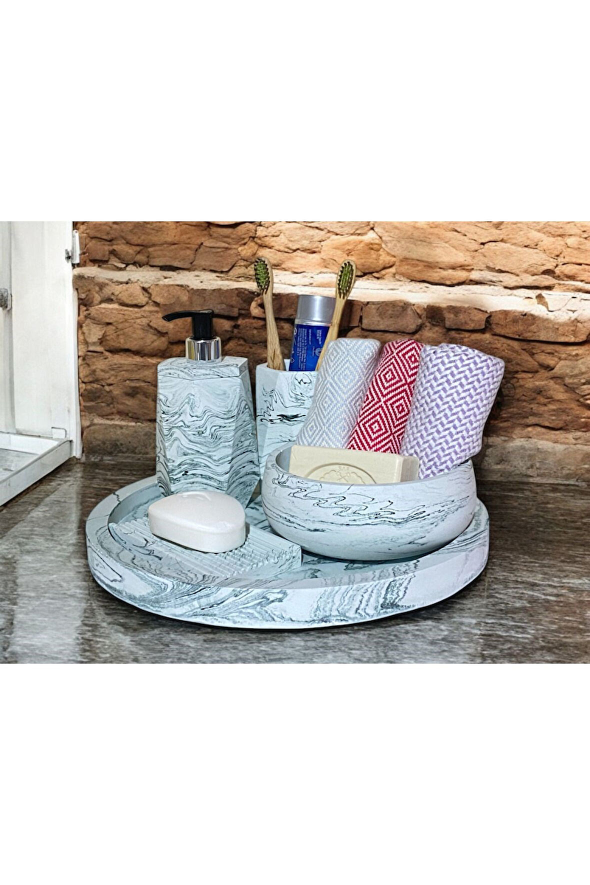 Mermer Desenli Retro Beton Banyo Aksesuar Seti (5 Parça)