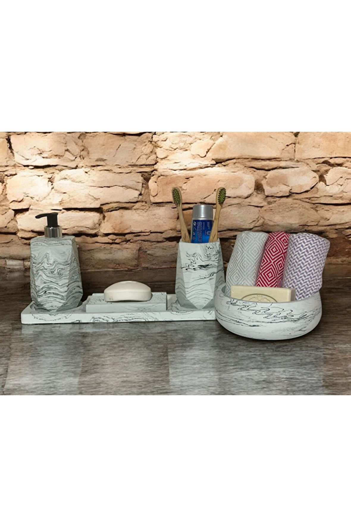 Mermer Desenli Estetik Beton Banyo Aksesuar Seti (5 Parça)