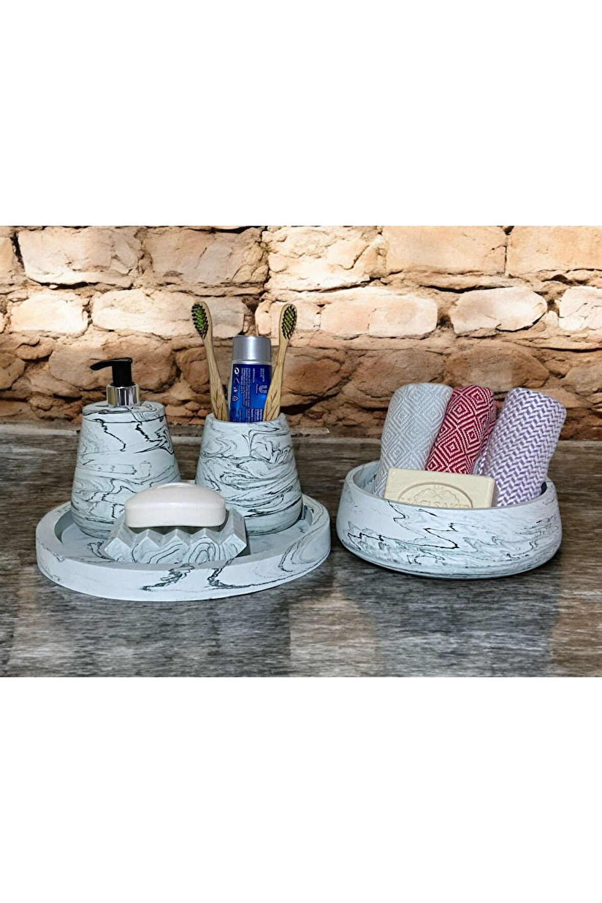 Estetik Mermer Desenli Beton Banyo Aksesuar Seti (5 Parça)